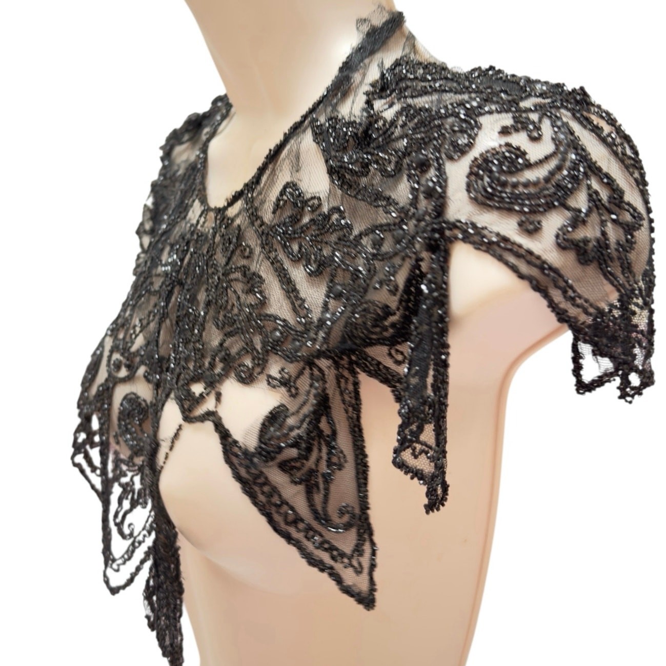 Antique Victorian French Jet Beaded Net Mantle / Capelet Mourning Attire AS IS
