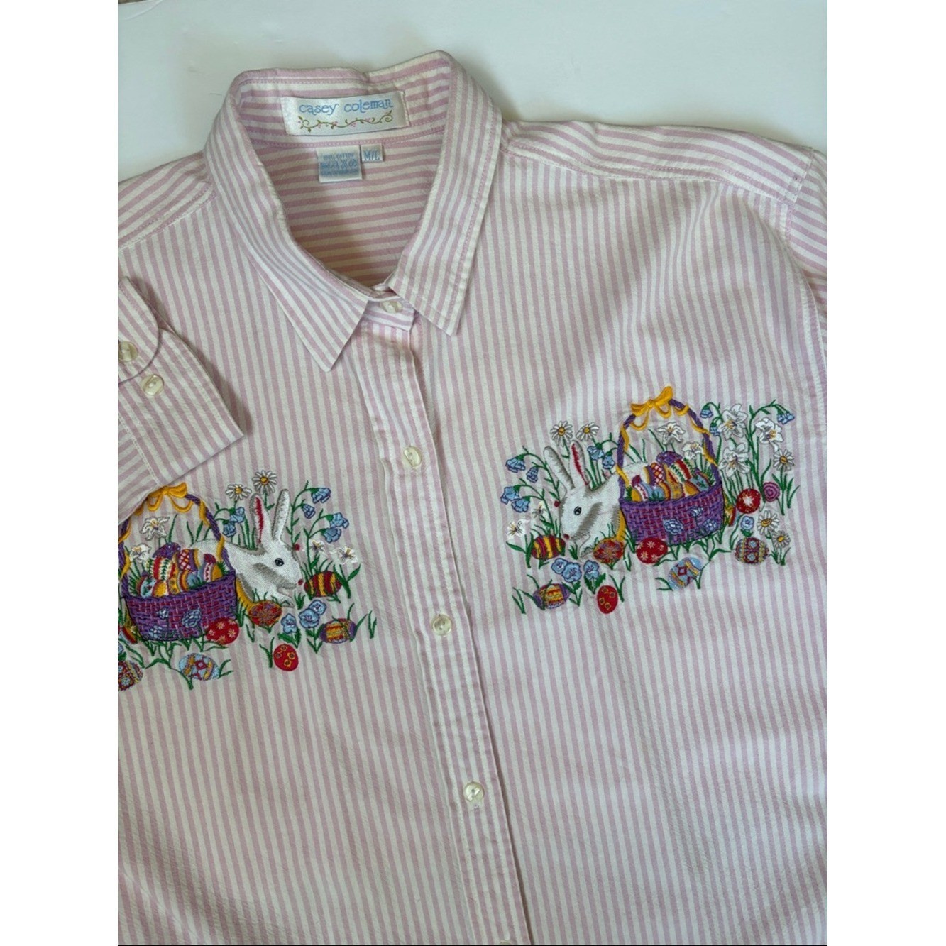 Vtg Casey Coleman Pink Striped Embroidered Floral Cottage Easter Shirt Women L