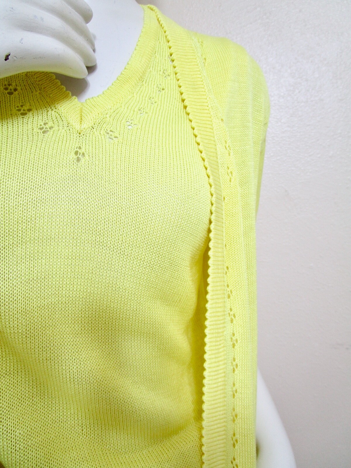 Vintage 70s Yellow Sweater Sleeveless Shell SS Swing Cardigan Set Pointelle S XS