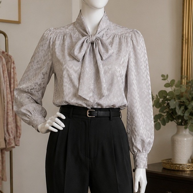 Josephine Womens Blouse Silver Gray Bow Chevron Jacquard Vintage 12