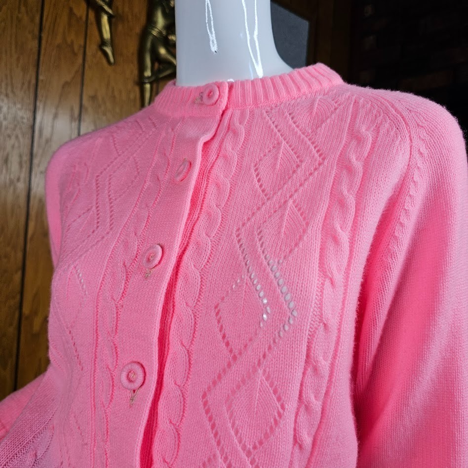 Vtg 60s Bubblegum Pink Grannycore Mod Pointelle Cable Knit Cardigan Sweater S/M