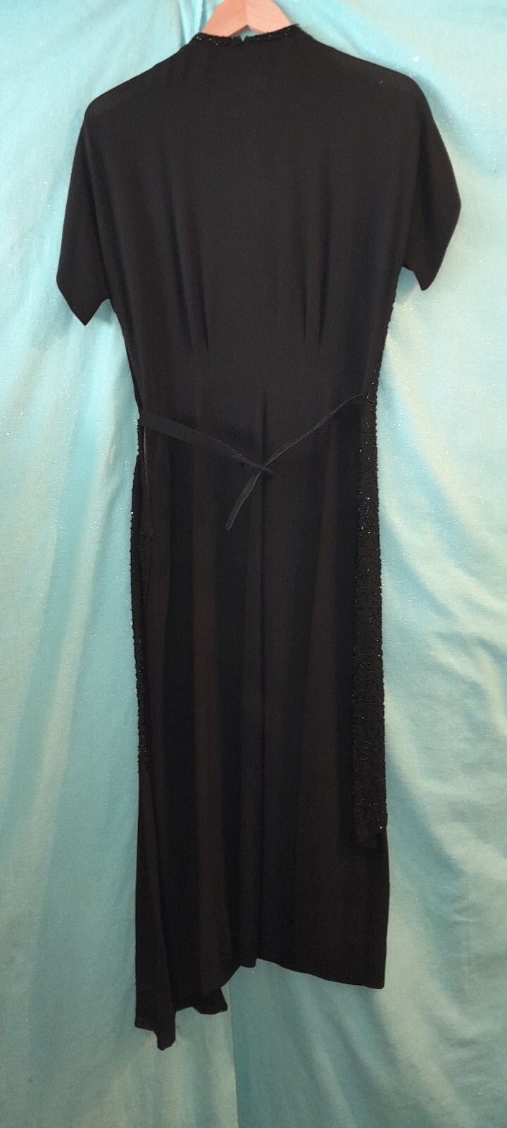 Vtg 1940s Rayon Crepe ENCRUSTED Beaded Black Evening Cocktail Long Sash Dress M