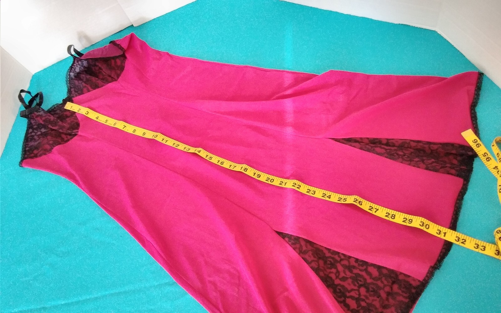 Vintage 60’s Full Slip Dress Chemise European Retro Dark Pink Black Lace M