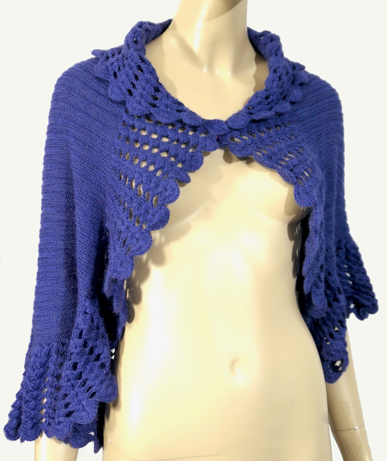 Vintage Periwinkle Blue Mon Repos OS Peru Alpaca Wool Crochet Knit Shrug Sweater
