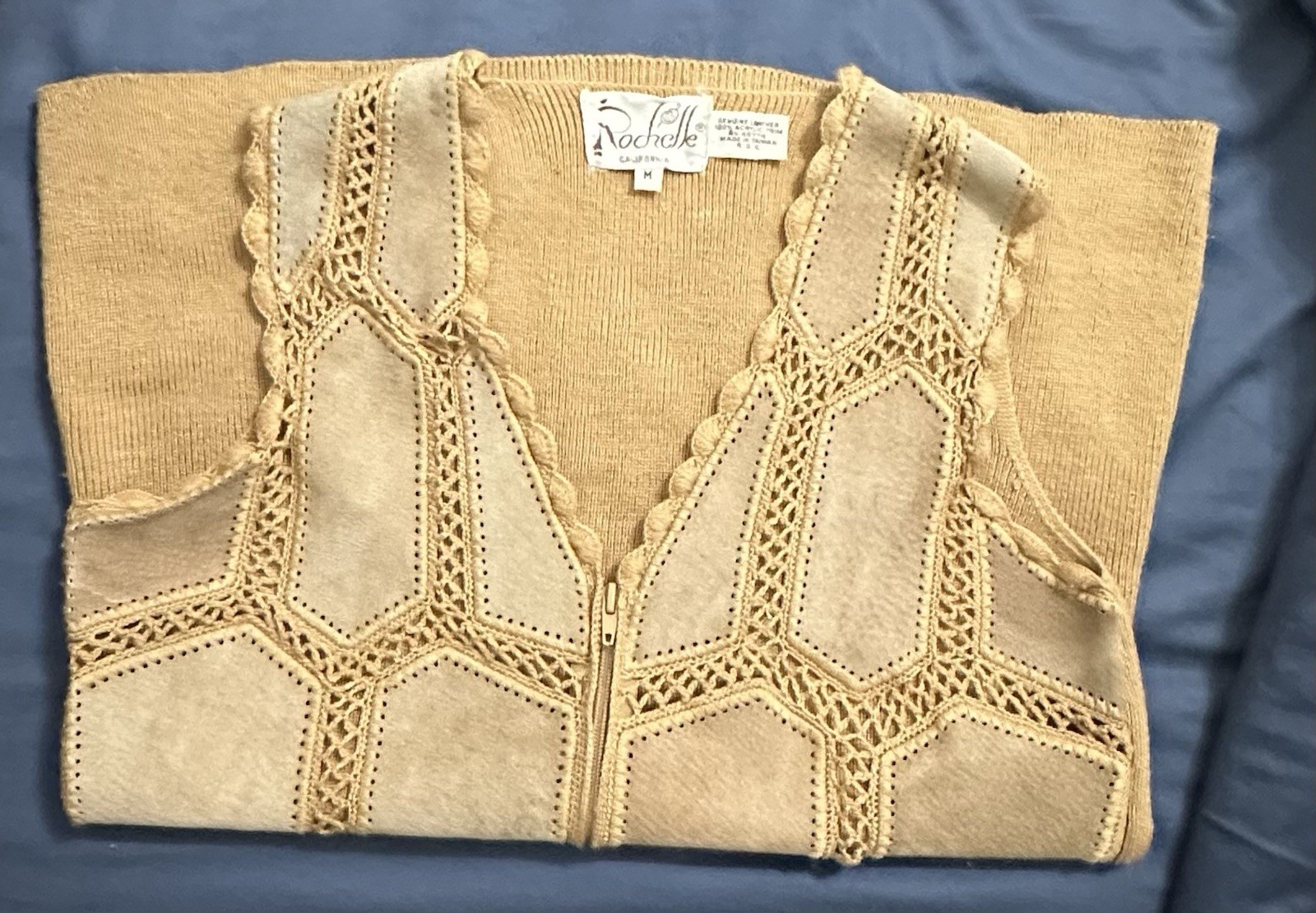 Vintage 70s Suede Leather Crochet M Patchwork Vest Gilet Rochelle California