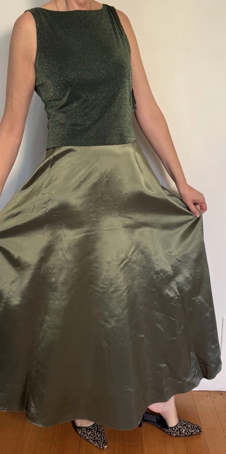 Vintage 90’s Minimalist Arianna Tank Evening Gown Green Satin Metallic NOS 8/10