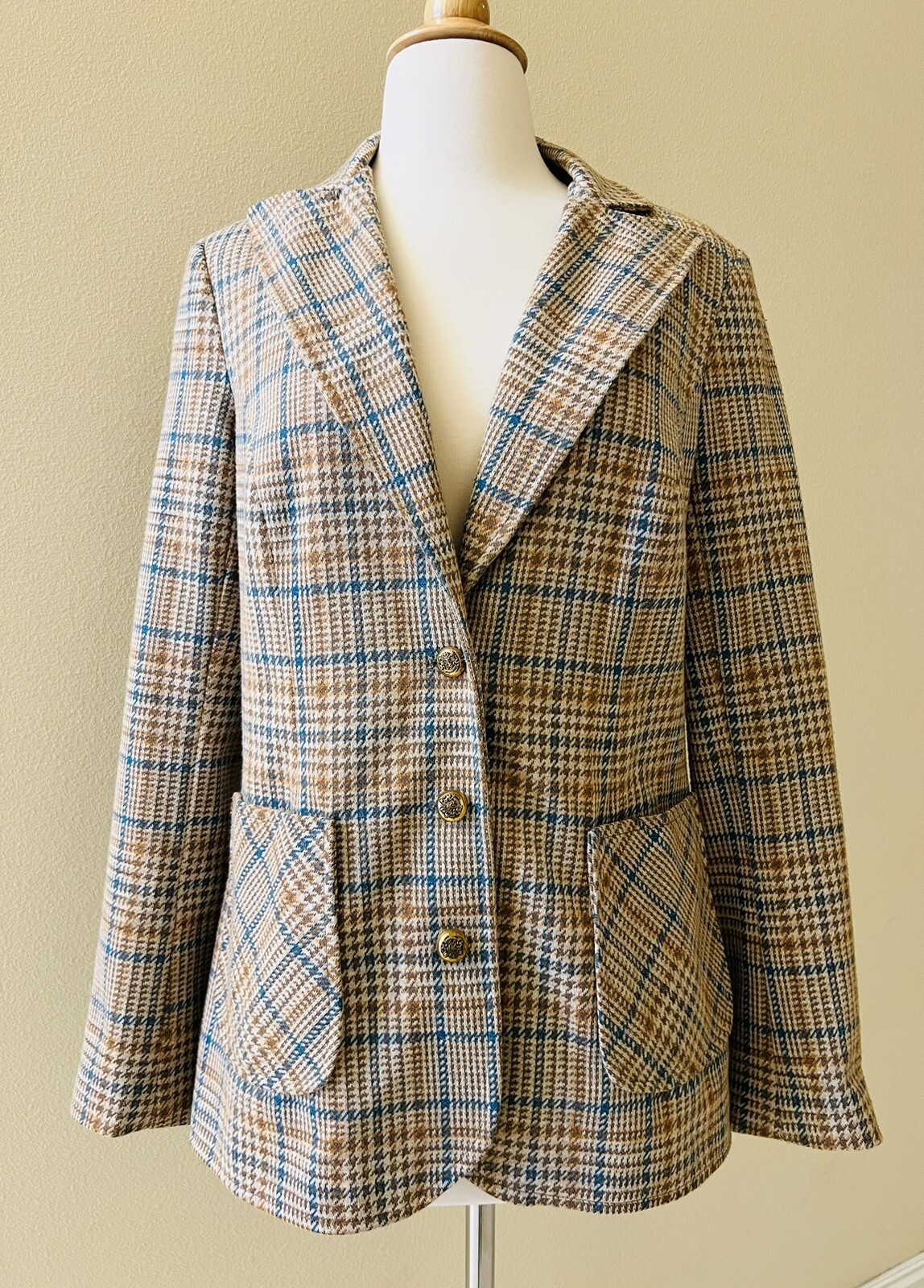 VTG Alex Colman Brown Blue Plaid Houndstooth Poly Wool Blazer Preppy 70s S/M