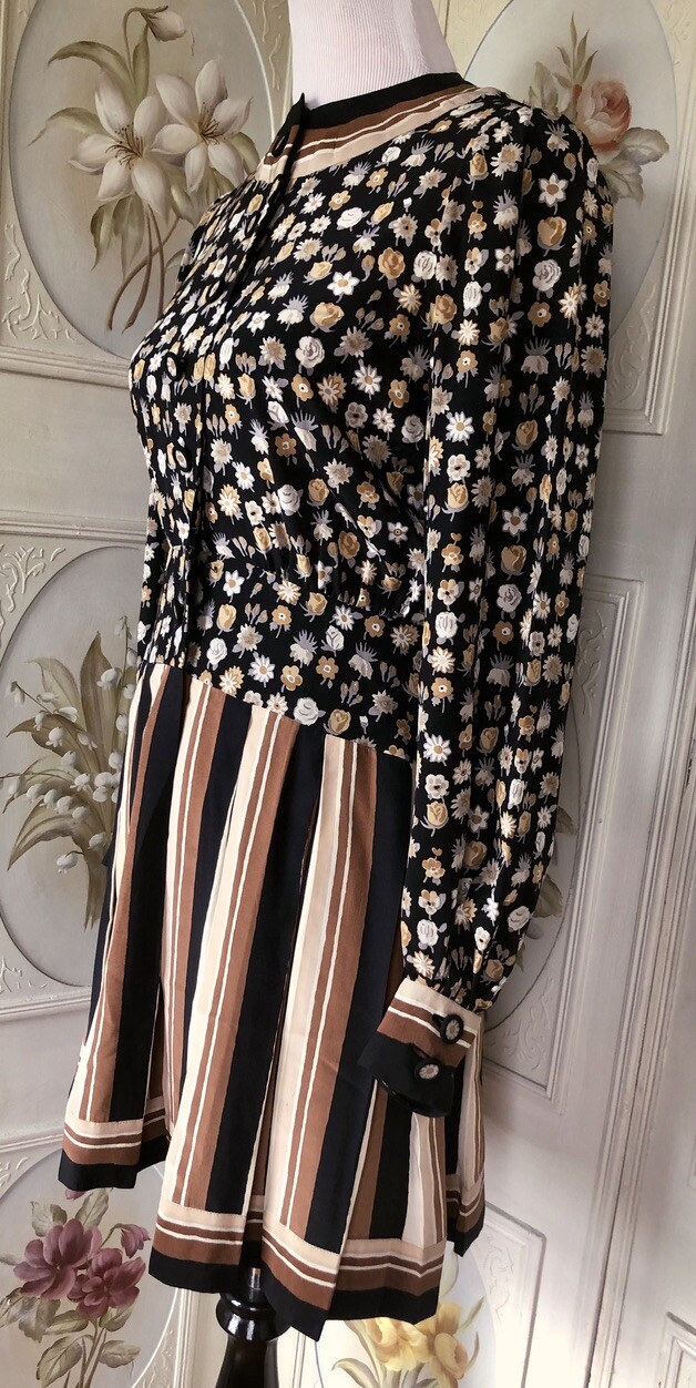 VTG ARNOLD SCAASI 100% SILK MINI DRESS BLACK BROWN FLORAL STRIPE MOD TWIGGY GUC