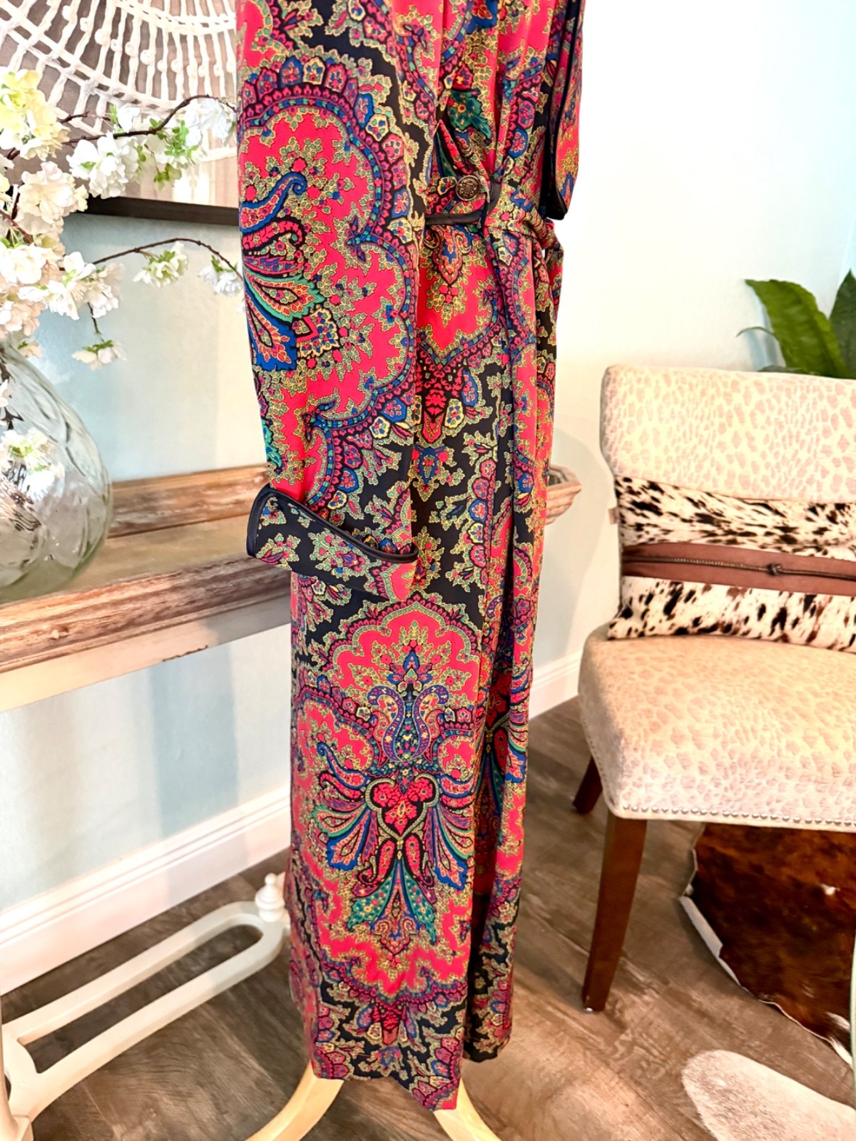 Vintage R Michael Allen 80’s Paisley Red Black Robe Full Collar sz S