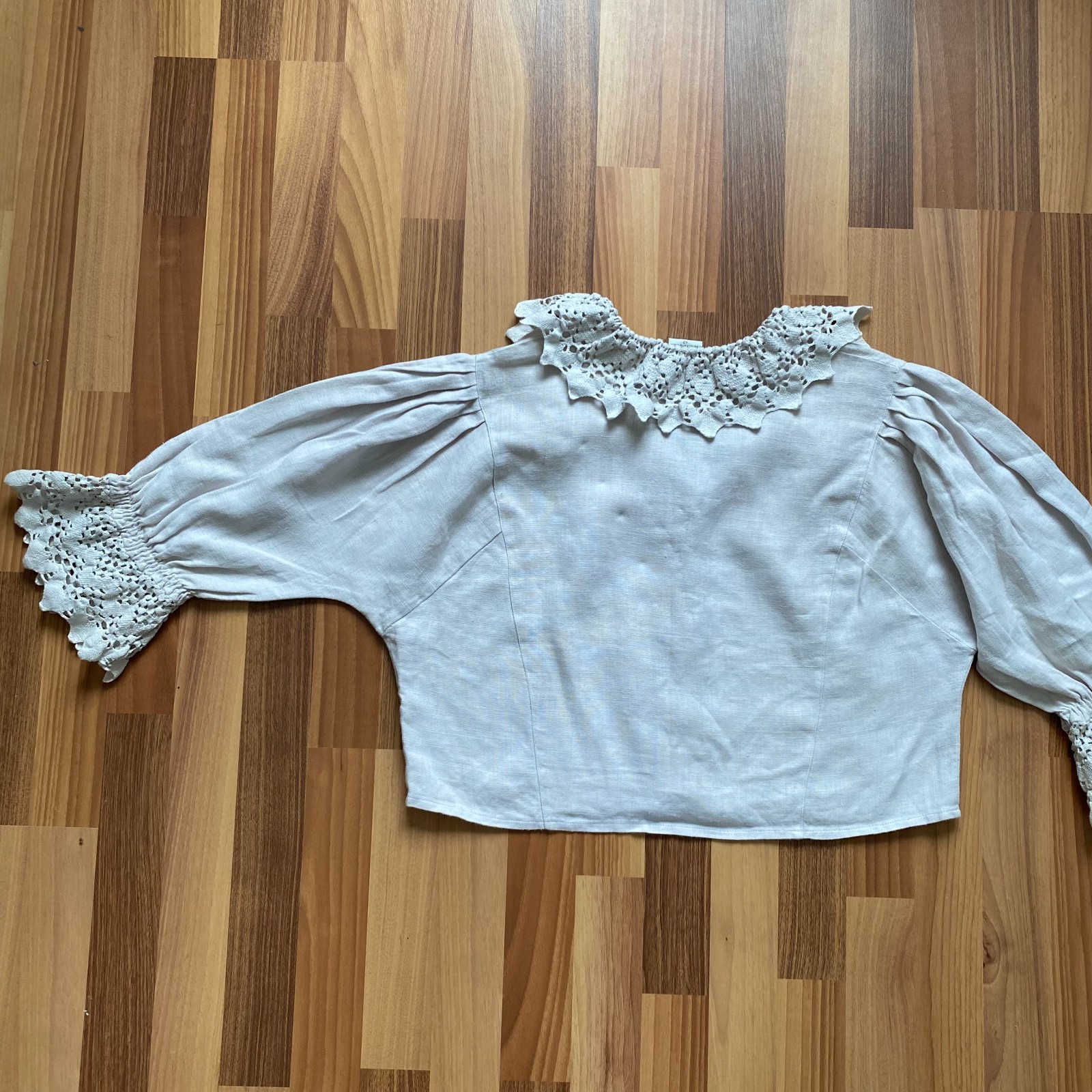 HESS FRACKMANN Linen Blouse Button Front Peasant Folk Edwardian Puff Sleeves 42