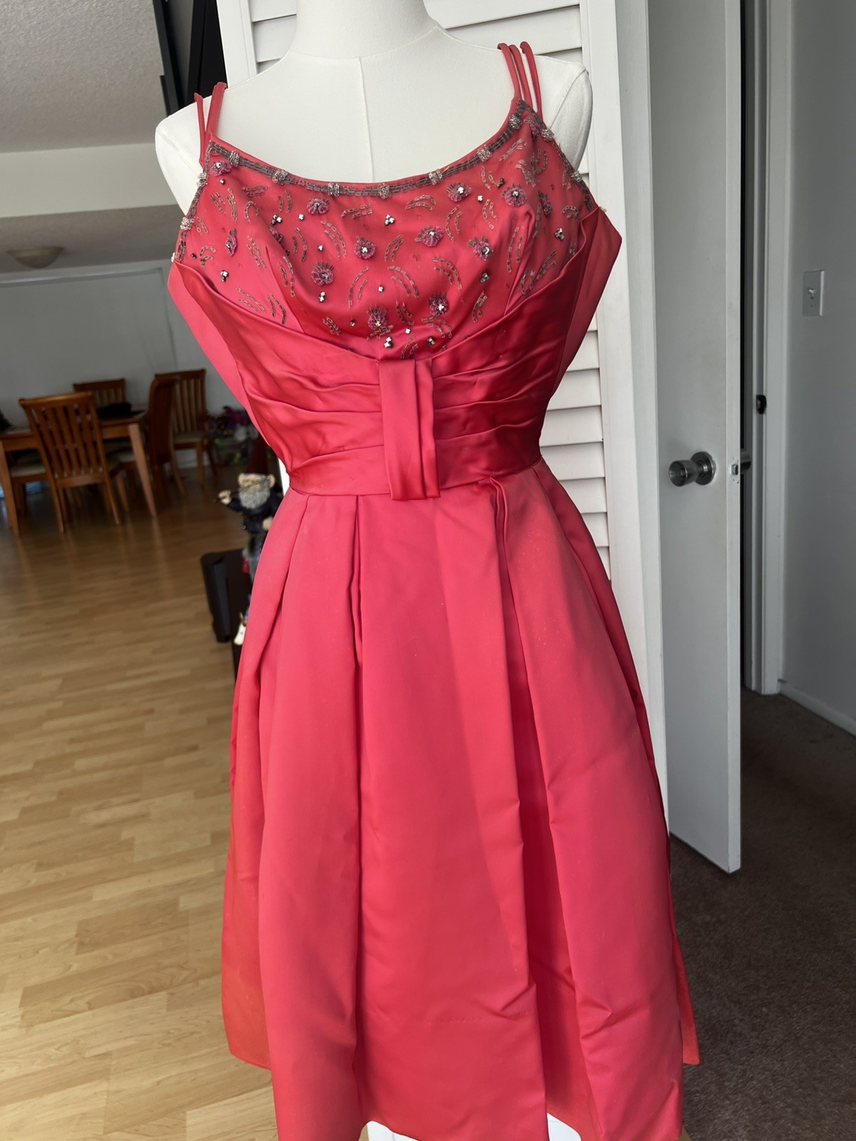1949 Will Steinman Vintage Coral Satin Dress 22” Waist XXS Full Skirt 40s