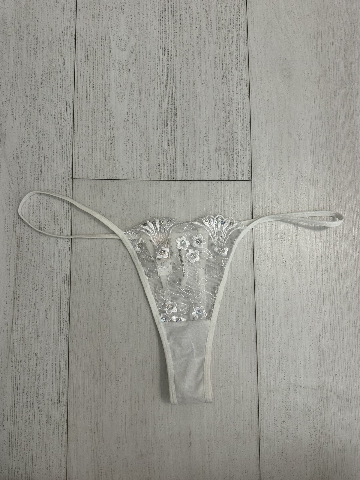 Vintage Thong Panties Sz 3/4X Embroidered Floral White