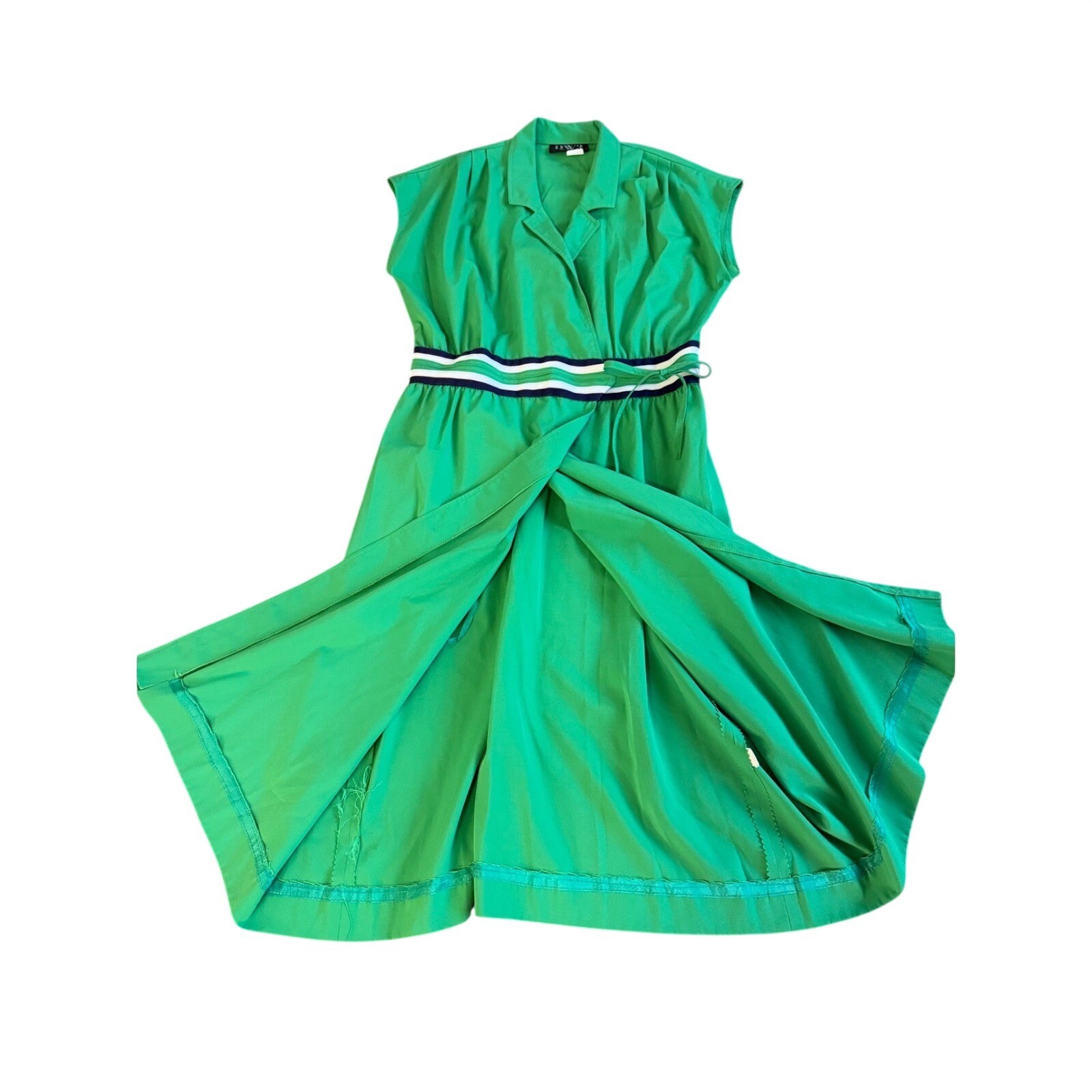 Vintage DW3 Fashions Wrap Dress Women Large Kelly Green Striped Waist ILGWU USA