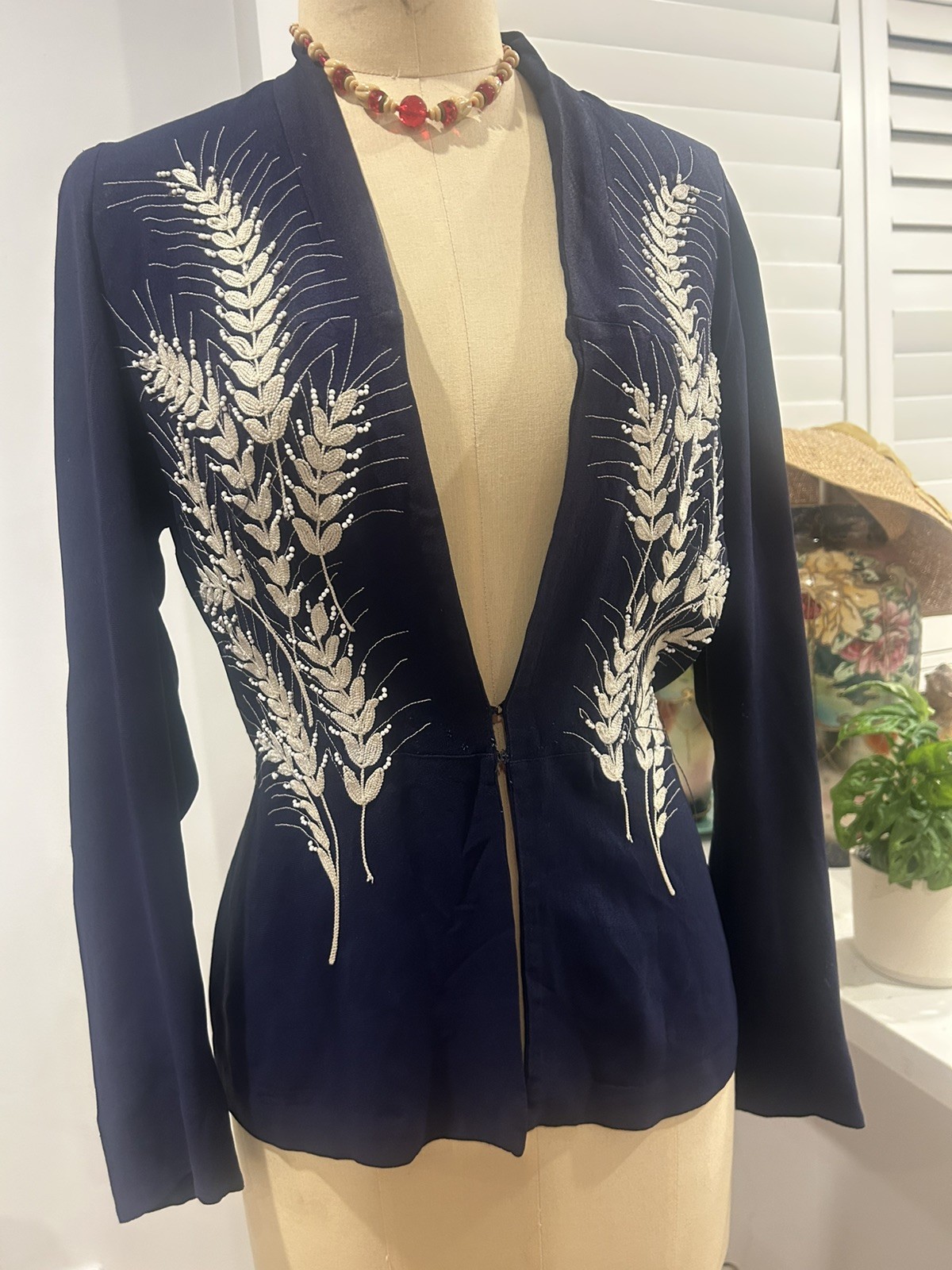 Edwardisn original navy silk crepe hand made top with fancy embroidery sizr M