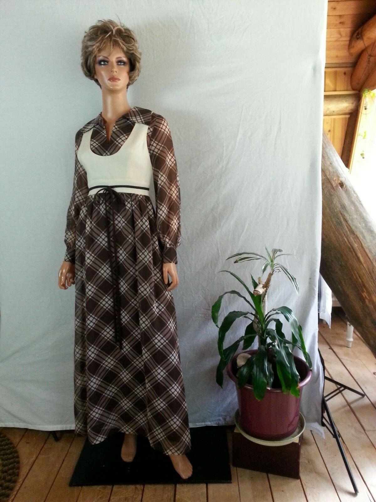Vtg 70s Pedestal Maxi Long Dress Brown Cream Checks Long Sheer Sleeve Hippy P/XS