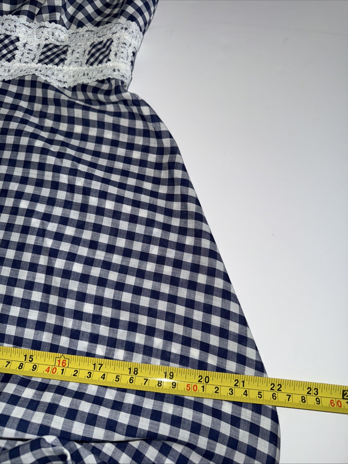 70s VTG Maxi Dress Blue White Gingham Lace Tiered Prairie CottageCore Unique