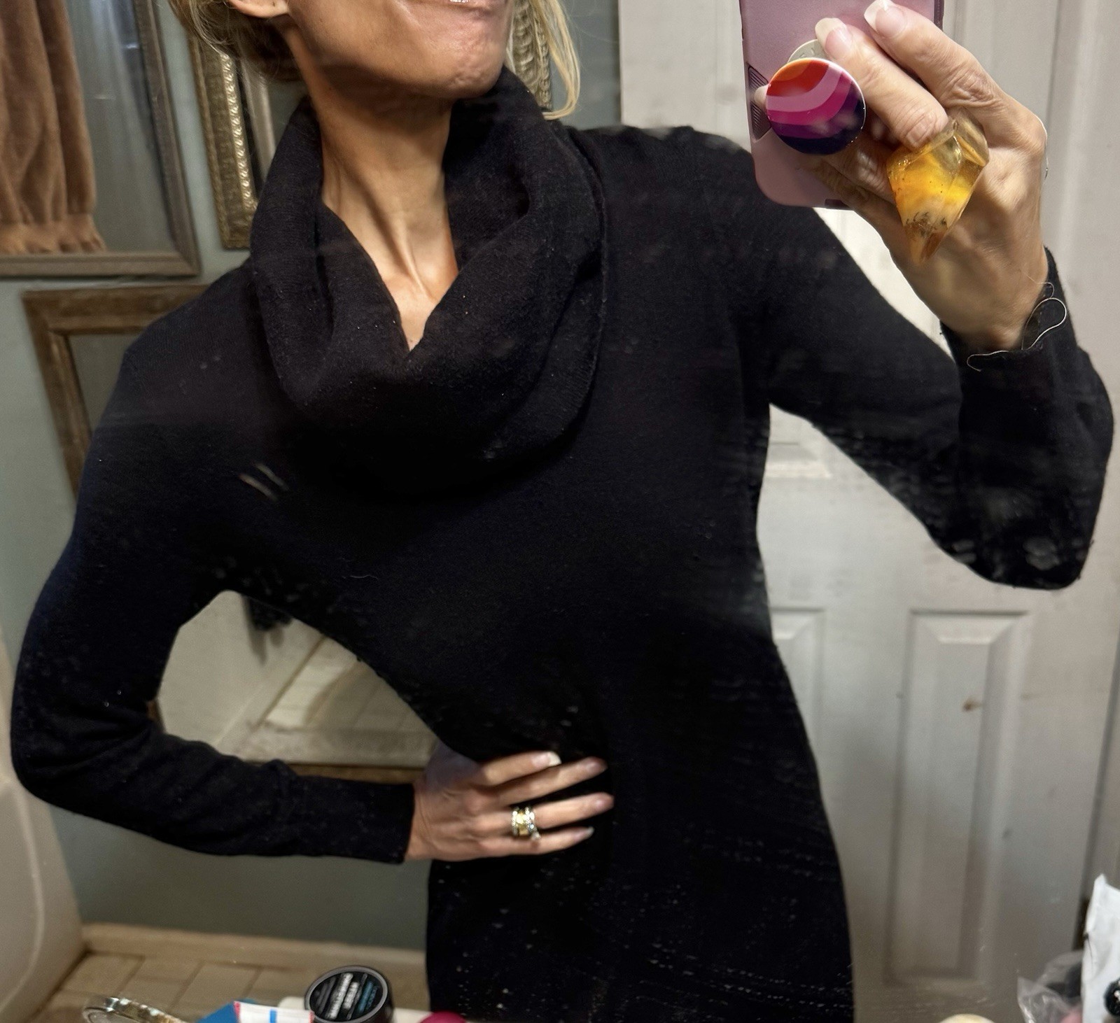 Vtg Donna Karan Black Oversized Cowl Turtleneck Wool Cotton Nylon Blend Dress S