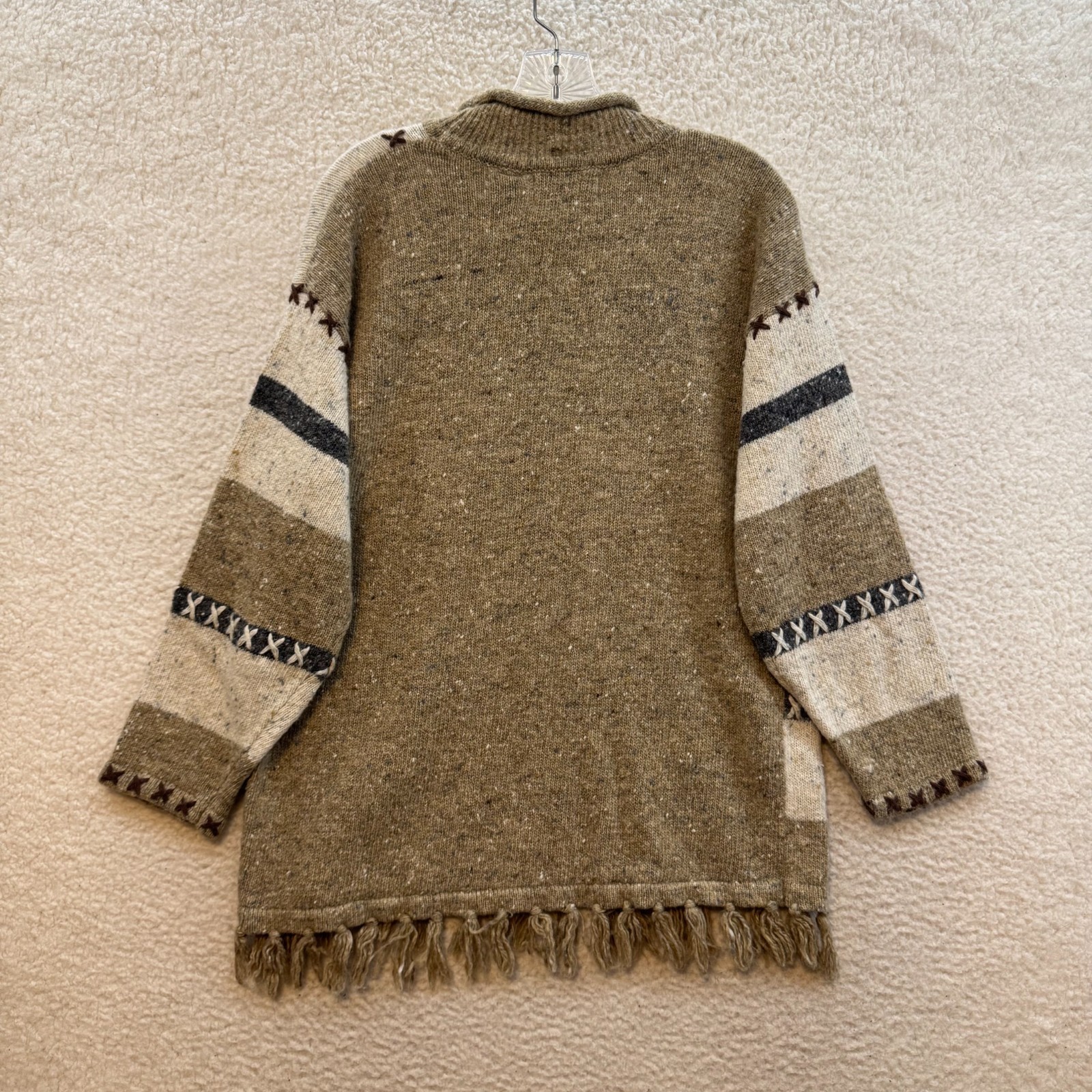 Vintage Sweater Petite Large Tan Turtleneck Rolled Mock Neck Fringe Southwestern