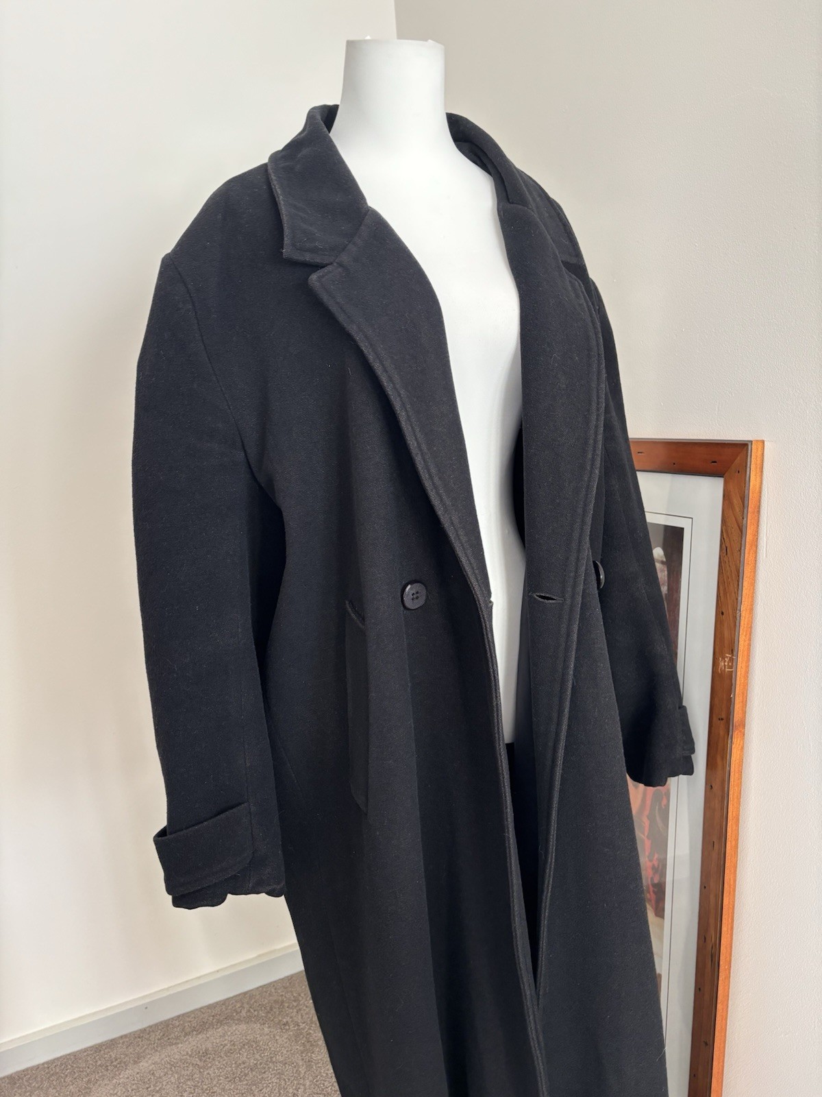 Vintage Riki Nathan Black Wool Cashmere Blend Longline Trench Coat M/L Business