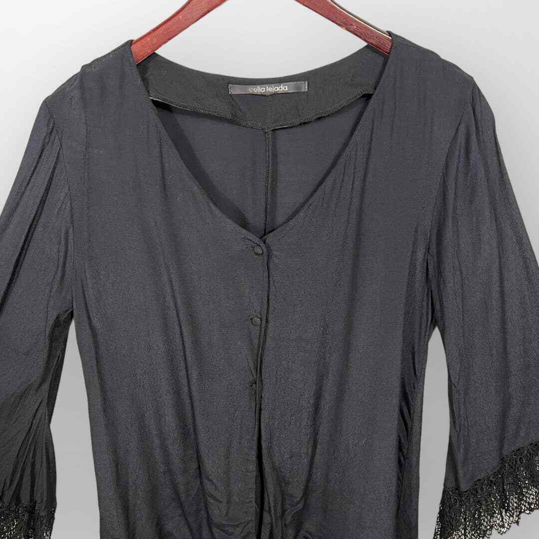 Vintage Celia Tejada Blouse (L) Bell Sleeves Crochet Lace Cuffs USA Rayon Black