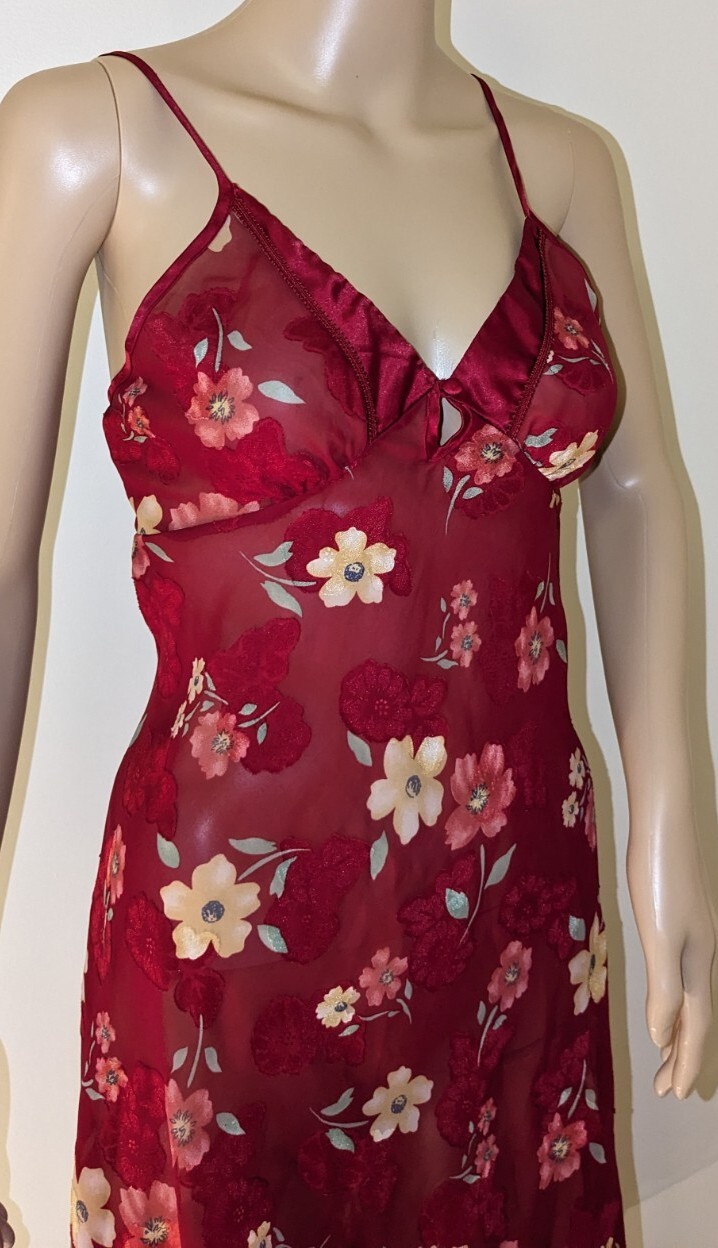 Sexy Secret Treasures Long Gown Sz M Deep Red Sheer Floral Burn Out Slip Dress