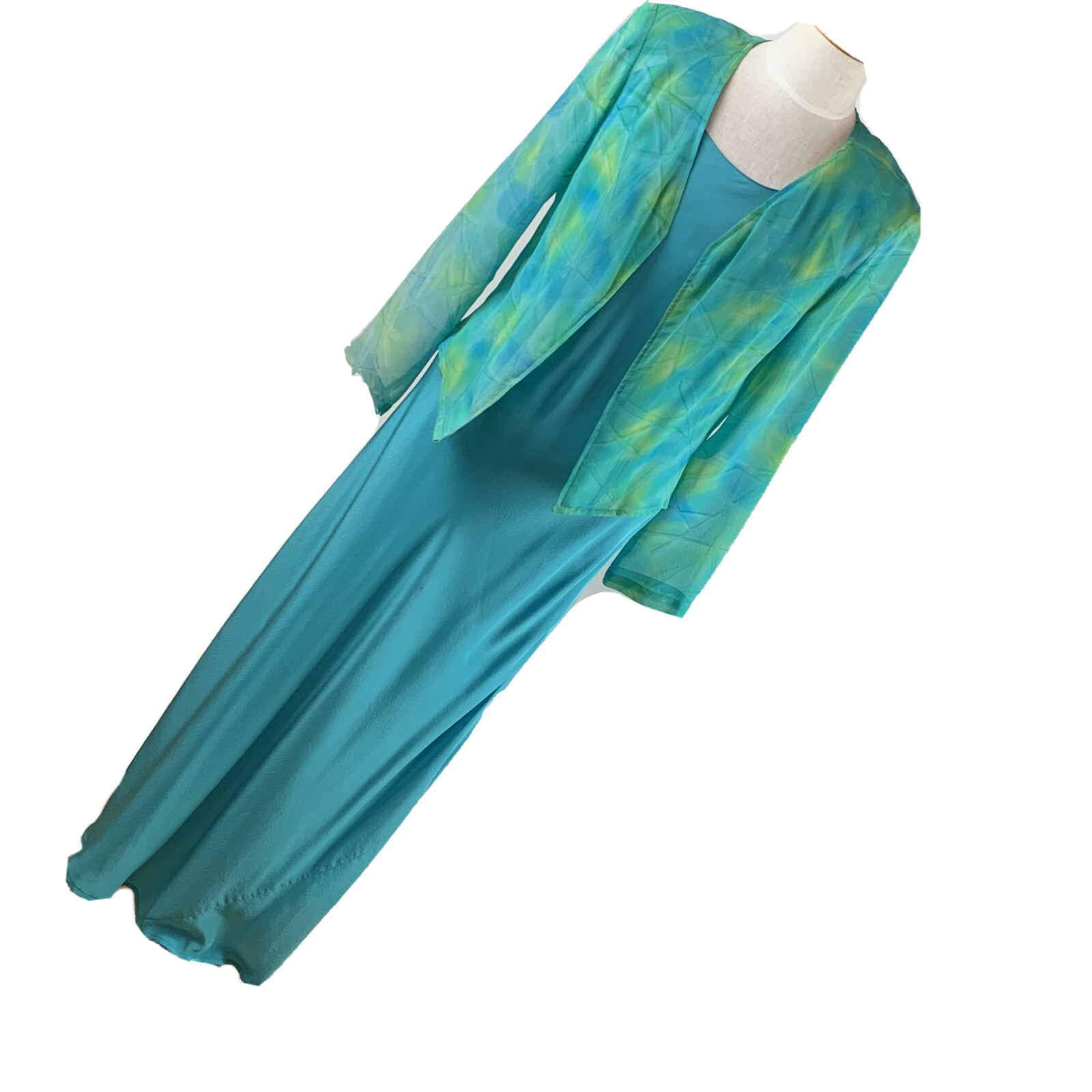 Vintage Aliki Yamani Silk Dress Sheer Jacket Turquoise Green Maxi Formal small