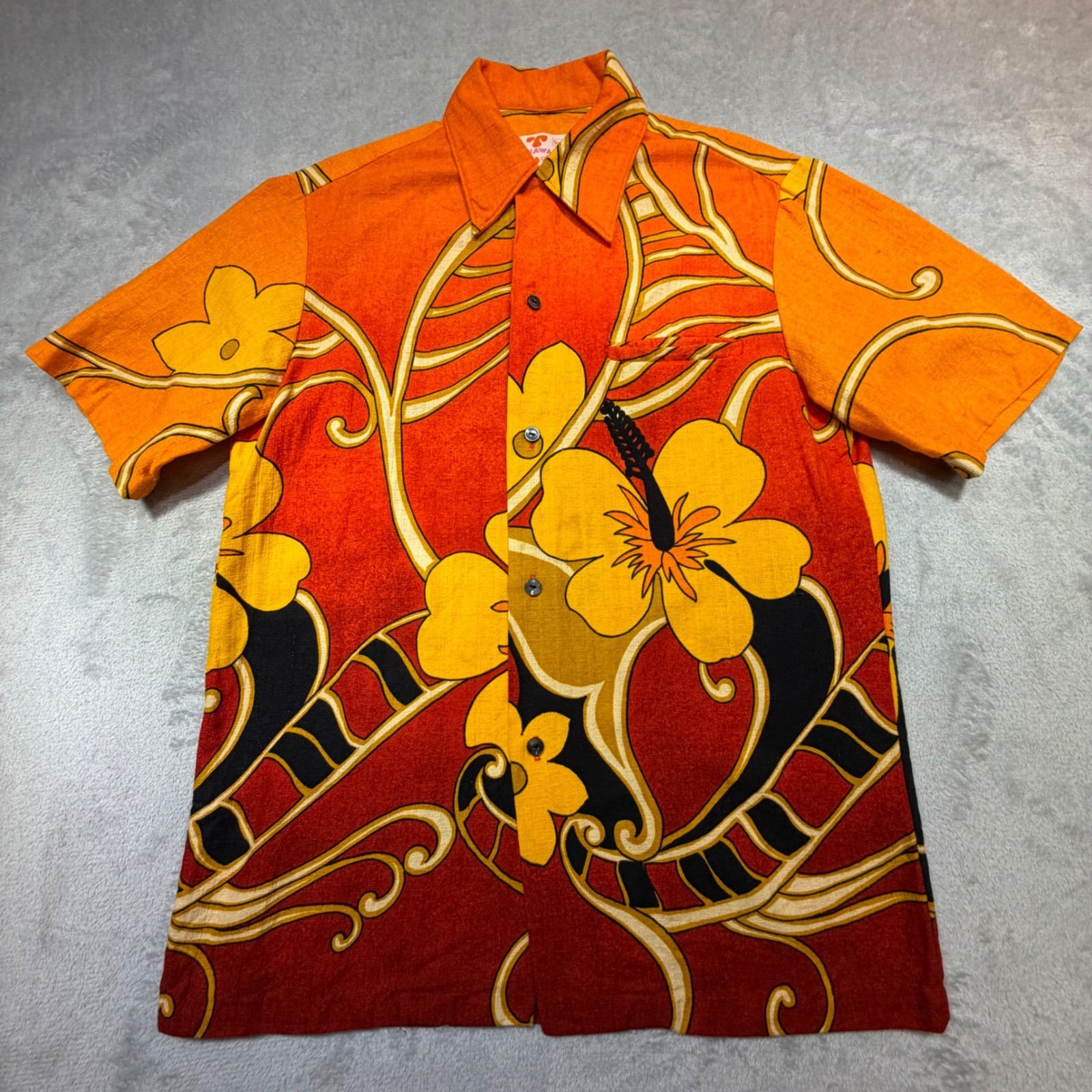Vintage 70s Sears Hawaiian Fashions Shirt S Orange Red Floral 100% Cotton Tiki
