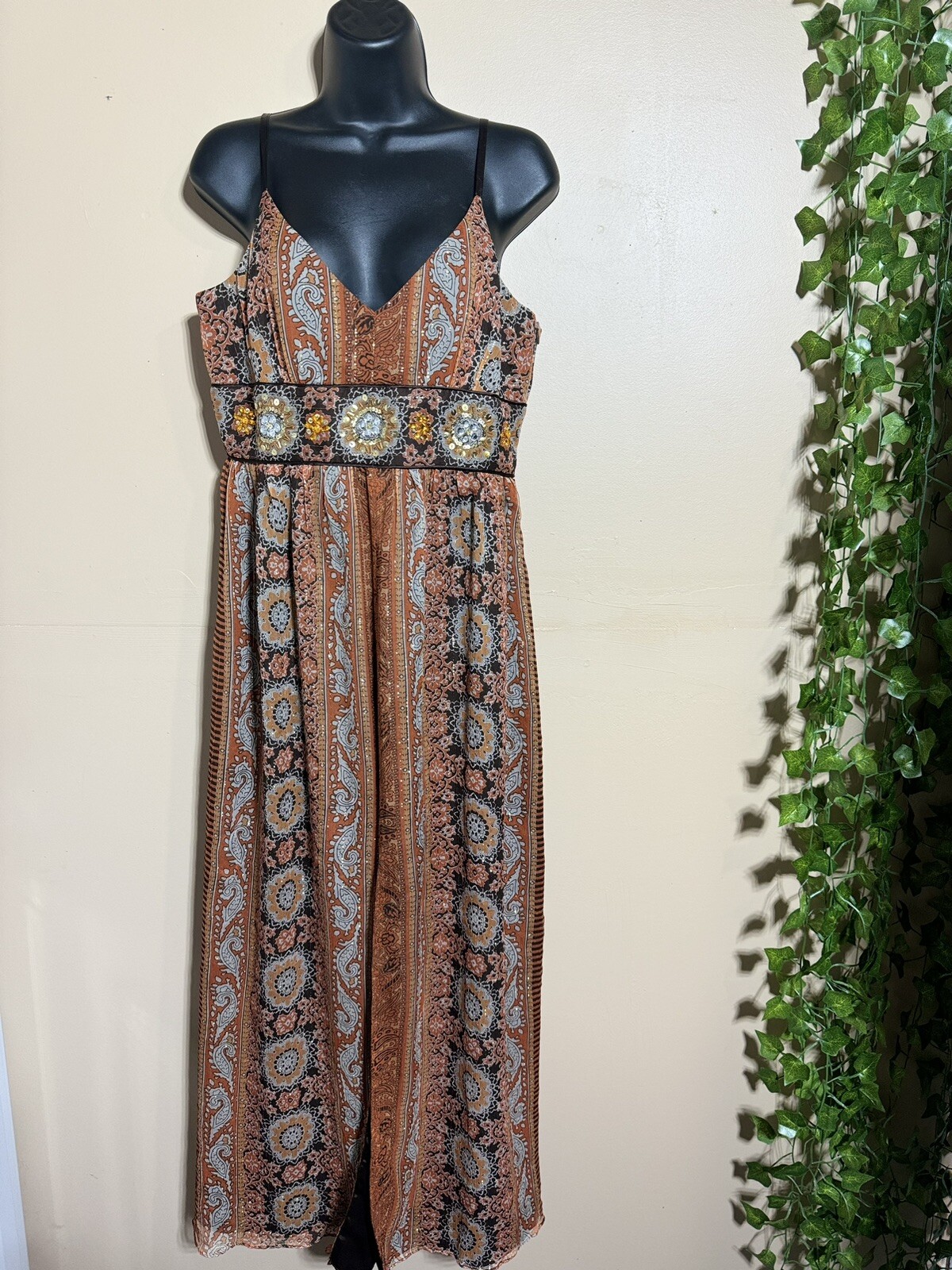 VTG Spenser Jeremy Beaded Metallic 98% Silk Sun Dress Empire Waist Brown Sz 10