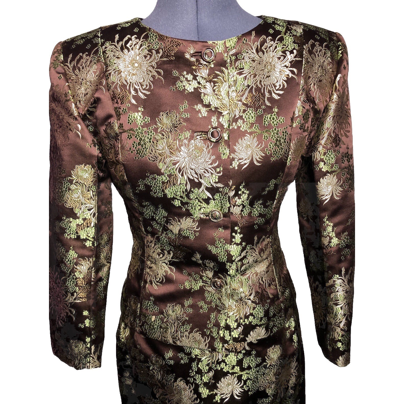 Vtg 70s 80s Brown Brocade Skirt Suit Metallic Floral XS S 2–4 Jacket Skirt Set