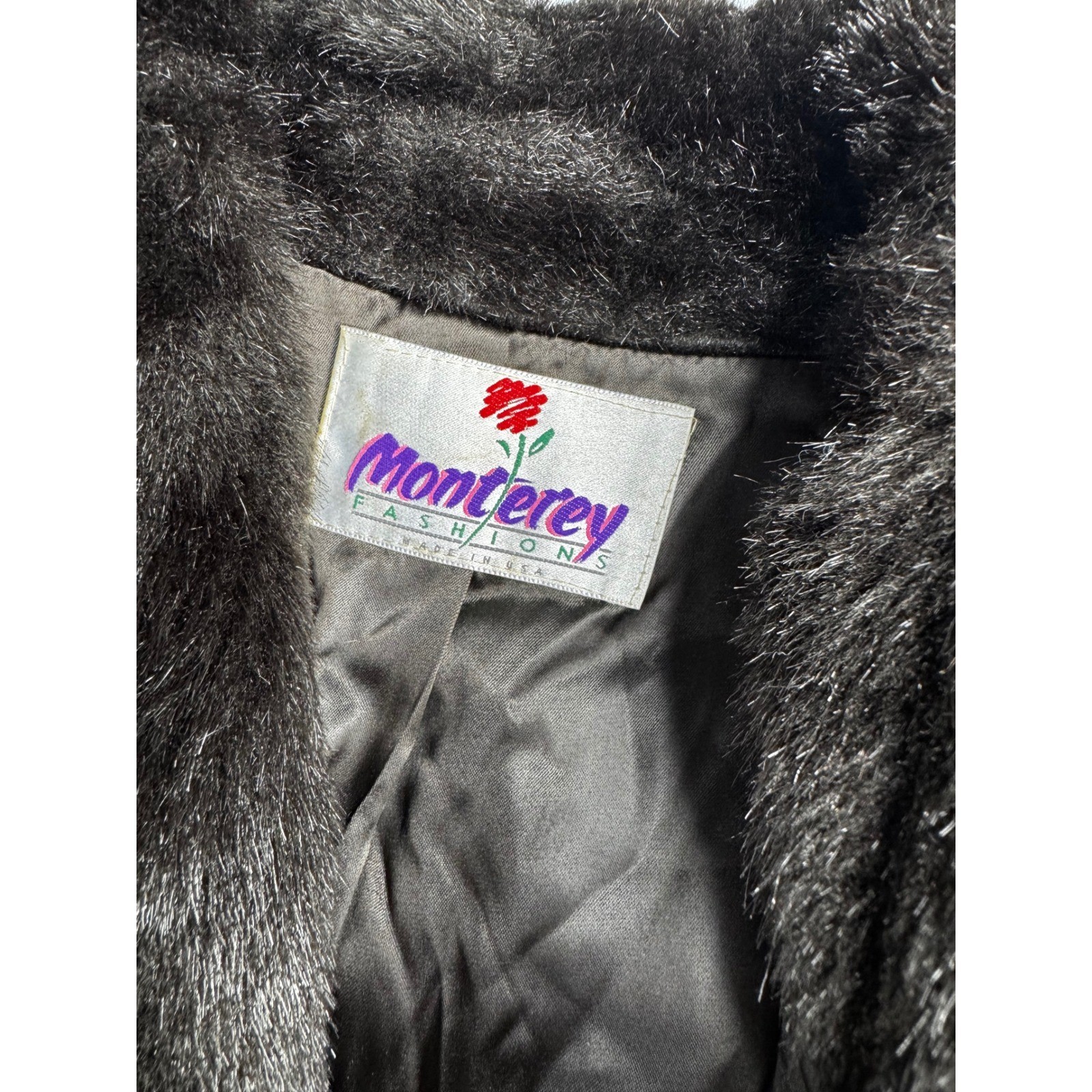 Vintage Monterey Fashions Faux Fur Coat Brown Silver Shawl Collar Size 16 USA