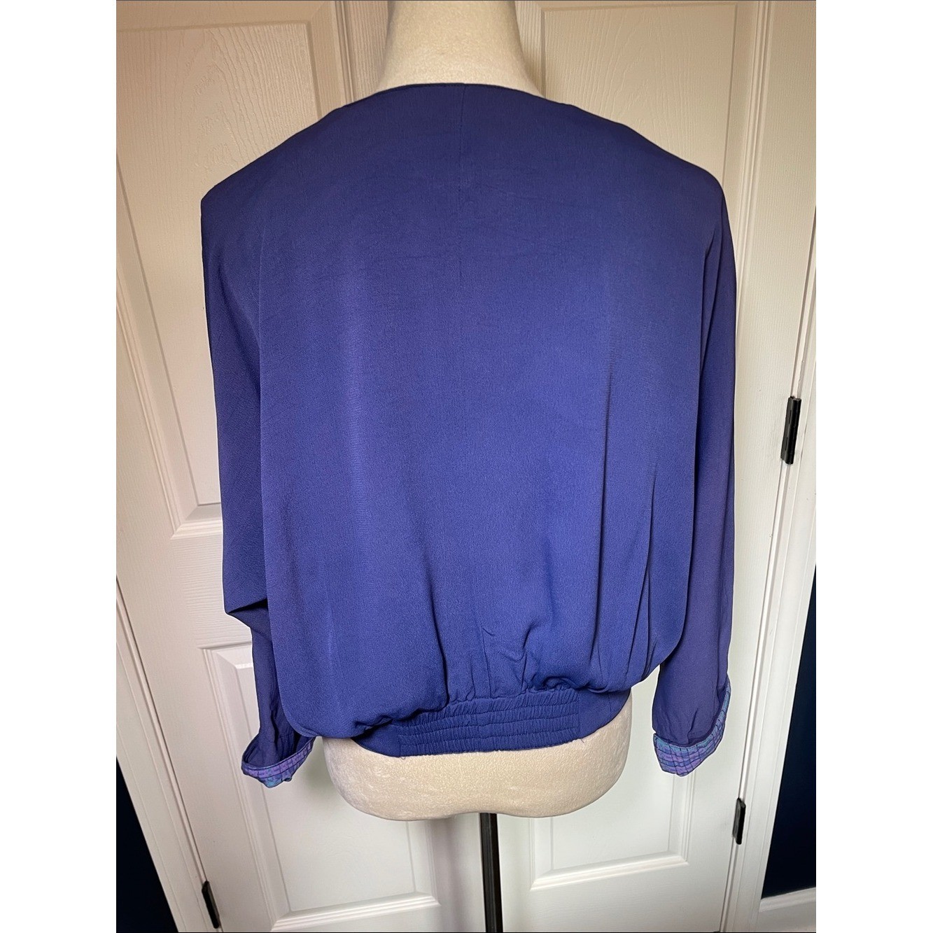 Vintage Carole Little Navy Blue V-Neck Blouse with Multicolor Tassel Trim Sz M