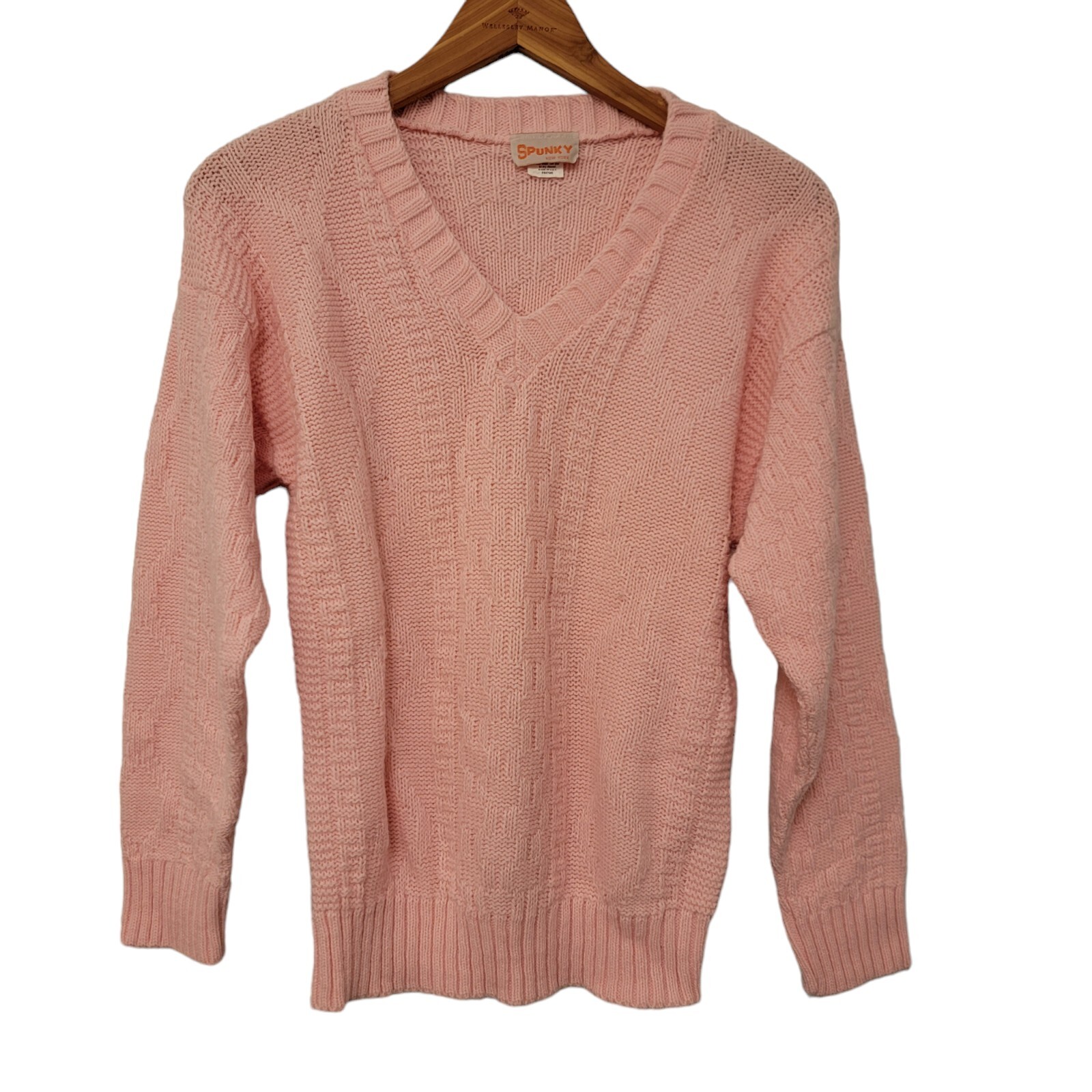 Vintage 80s Spunky Brand Sweater Pink Knit Pullover Classic USA Womens Medium