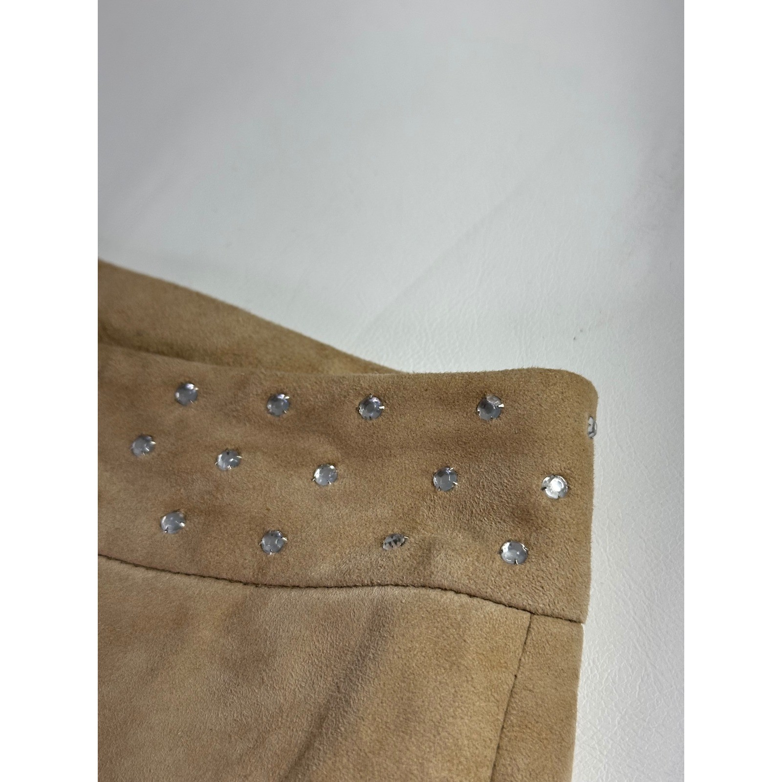 Cache Vintage Tan 100% Goat Suede Studded Rhinestone Straight Leg Pants Size 2