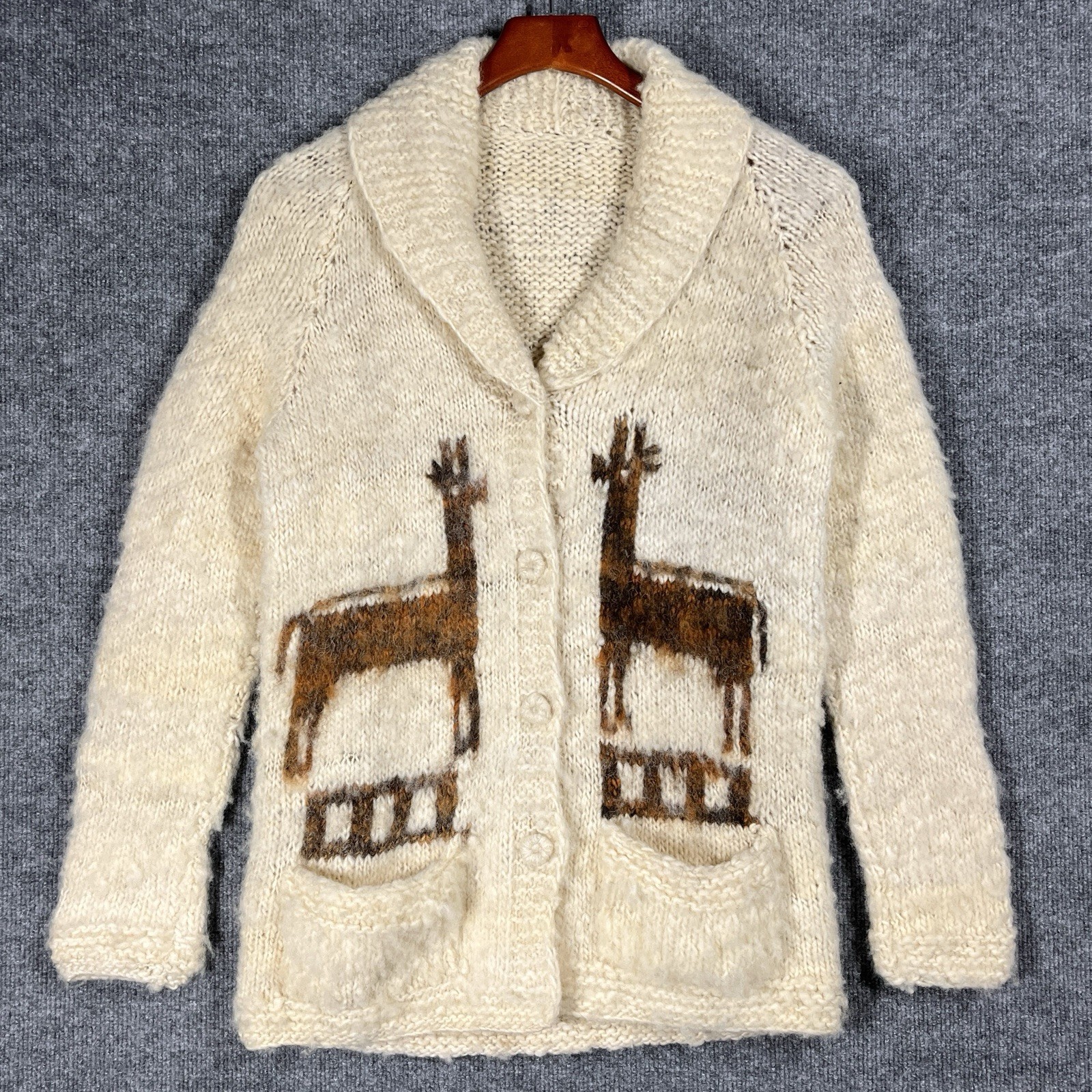 VINTAGE 60s 70s Alpaca Wool Cardigan Sweater Womens S/M Chunky Hand Knit Shawl