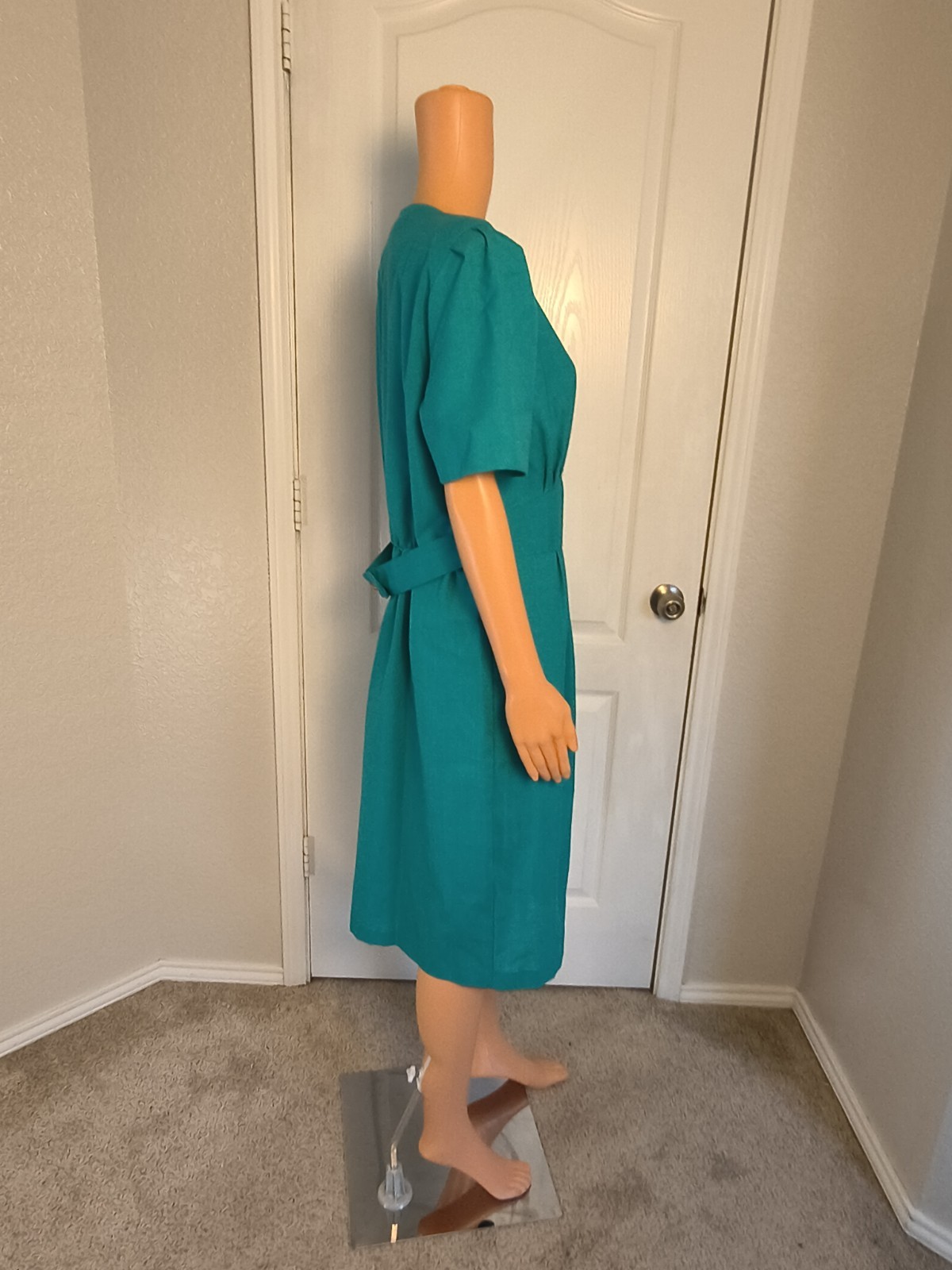Vintage 90s Pleated Pencil Dress Teal Size 16 Midlength Preppy Stretch Waist P41