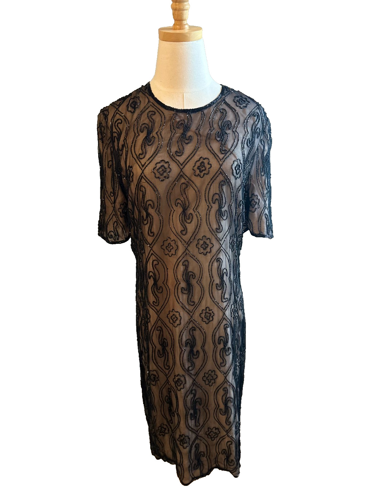 Vintage 100% Silk Keyhole Beaded Dress J.M.C. Estimated Size Small Black & Cream