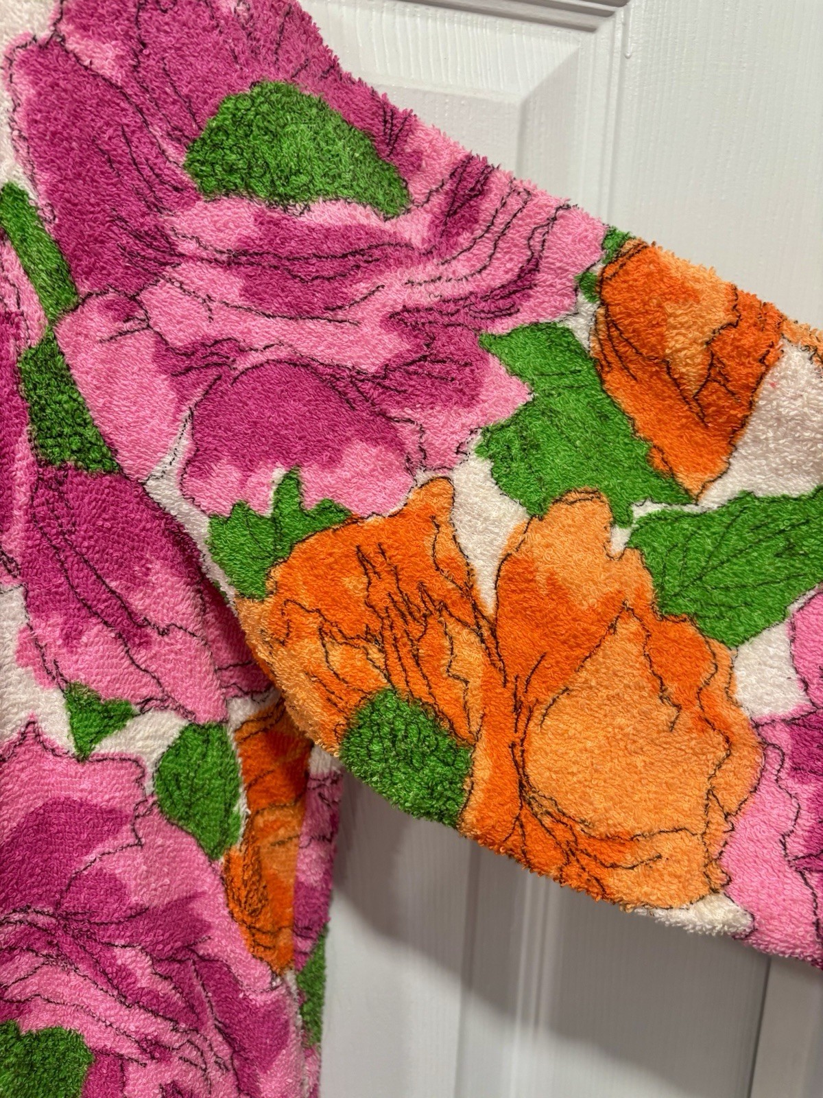 Vintage Floral Terry Cloth Button-Front Robe Housecoat Pink Orange Green MuuMuu