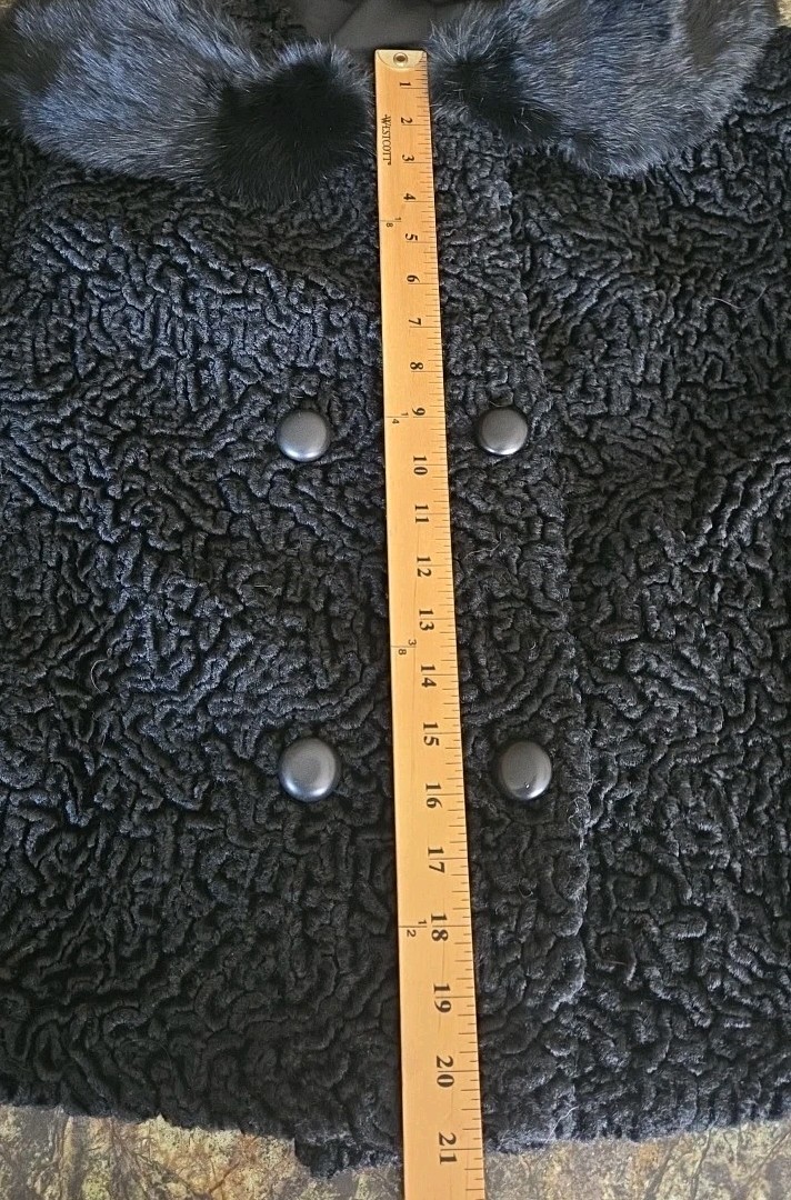 Vtg Anthony Rao Coat M Black Curly Lambs Wool w Real Fur Collar 50s 3/4 Sleeve