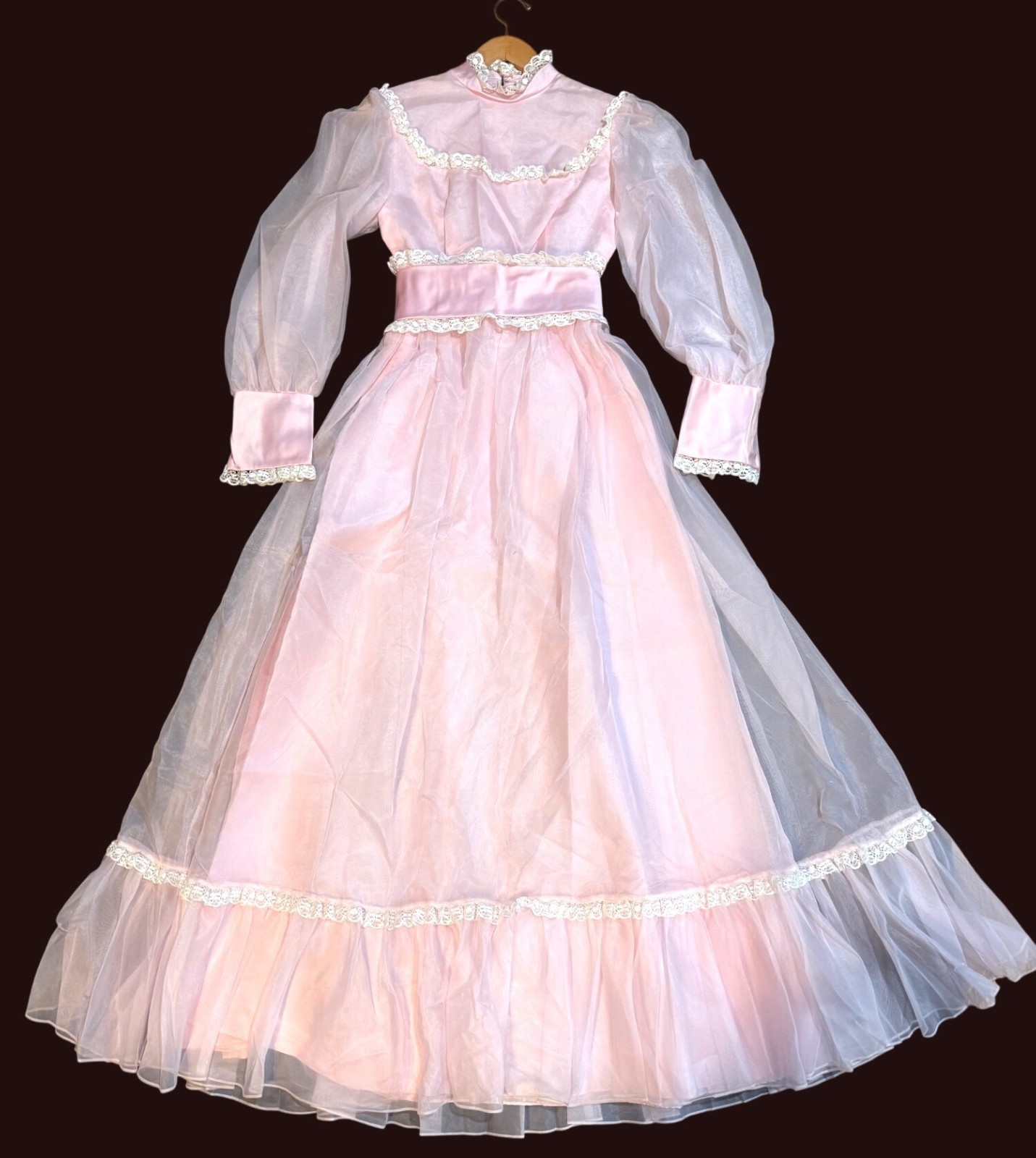 vintage size 11/12 Lorrie Deb full length pink taffeta gown lace chiffon maxi