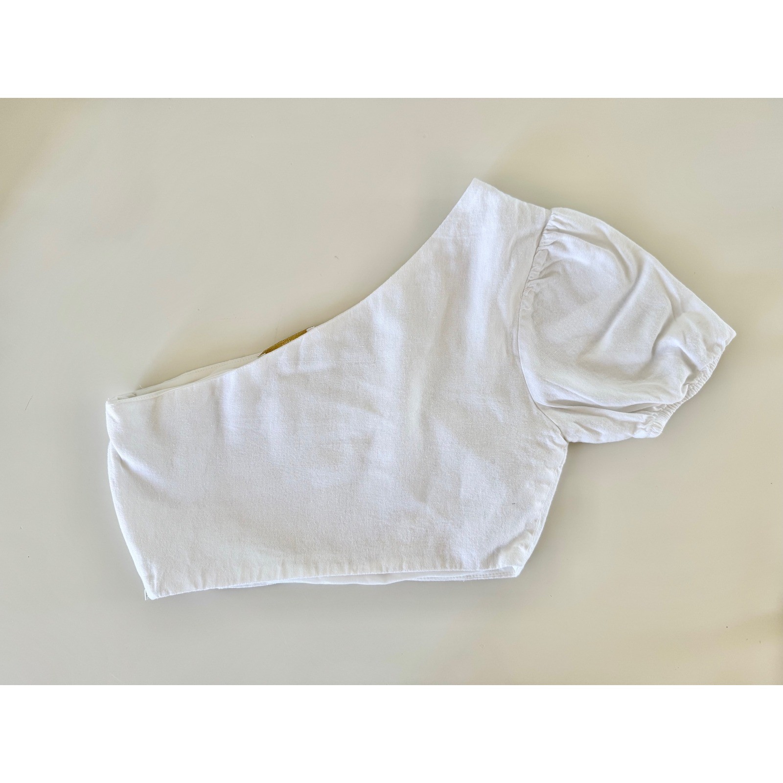 Two Piece Set Womens PP White Linen One Shoulder Puff Top Ruched Mini Skirt