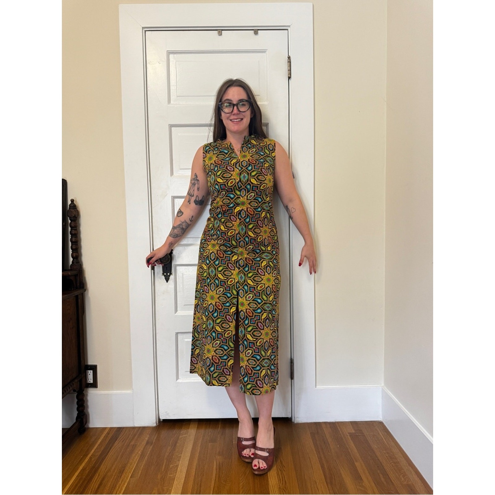 60s Vintage Barkcloth Mod Shift Dress Sz M