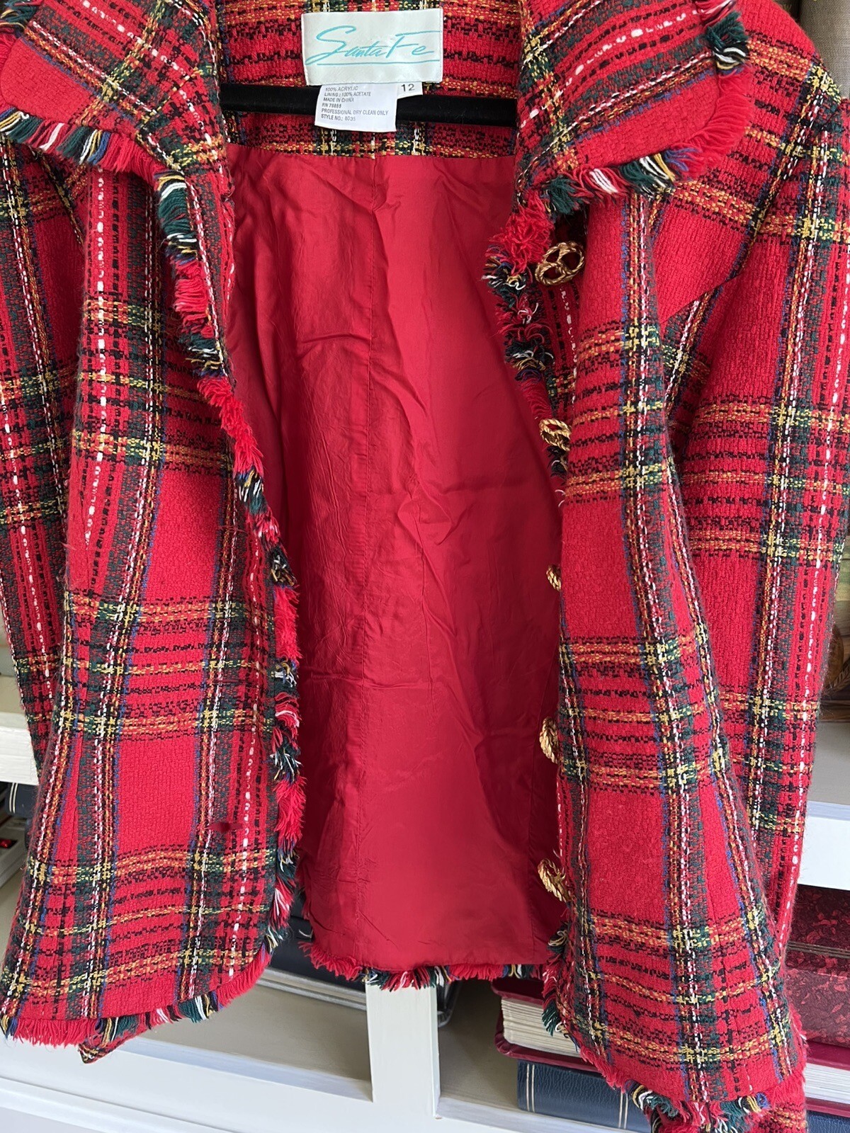 Vintage Santa Fe Red & Green Tartan Jacket Fringed Edges Cool Buttons Sz Medium
