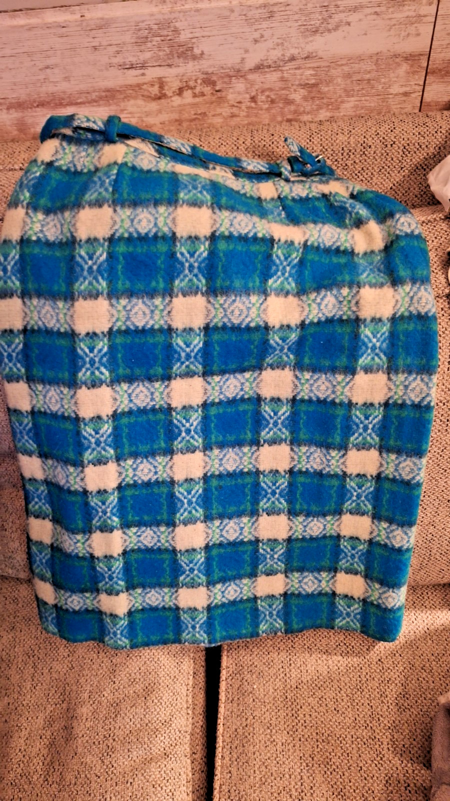 Vtg 1960s Side Zip Up Plaid Skirt Blue, Green Cream (14 Waist X 26 Length