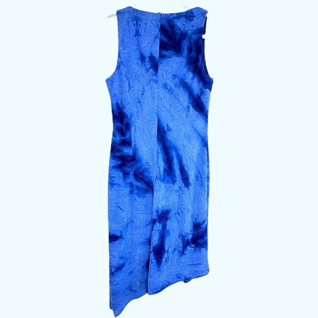 Clique USA Beaded Dress 10 [S] Asymmetric Hem Blue Rhinestones Wedding Guest