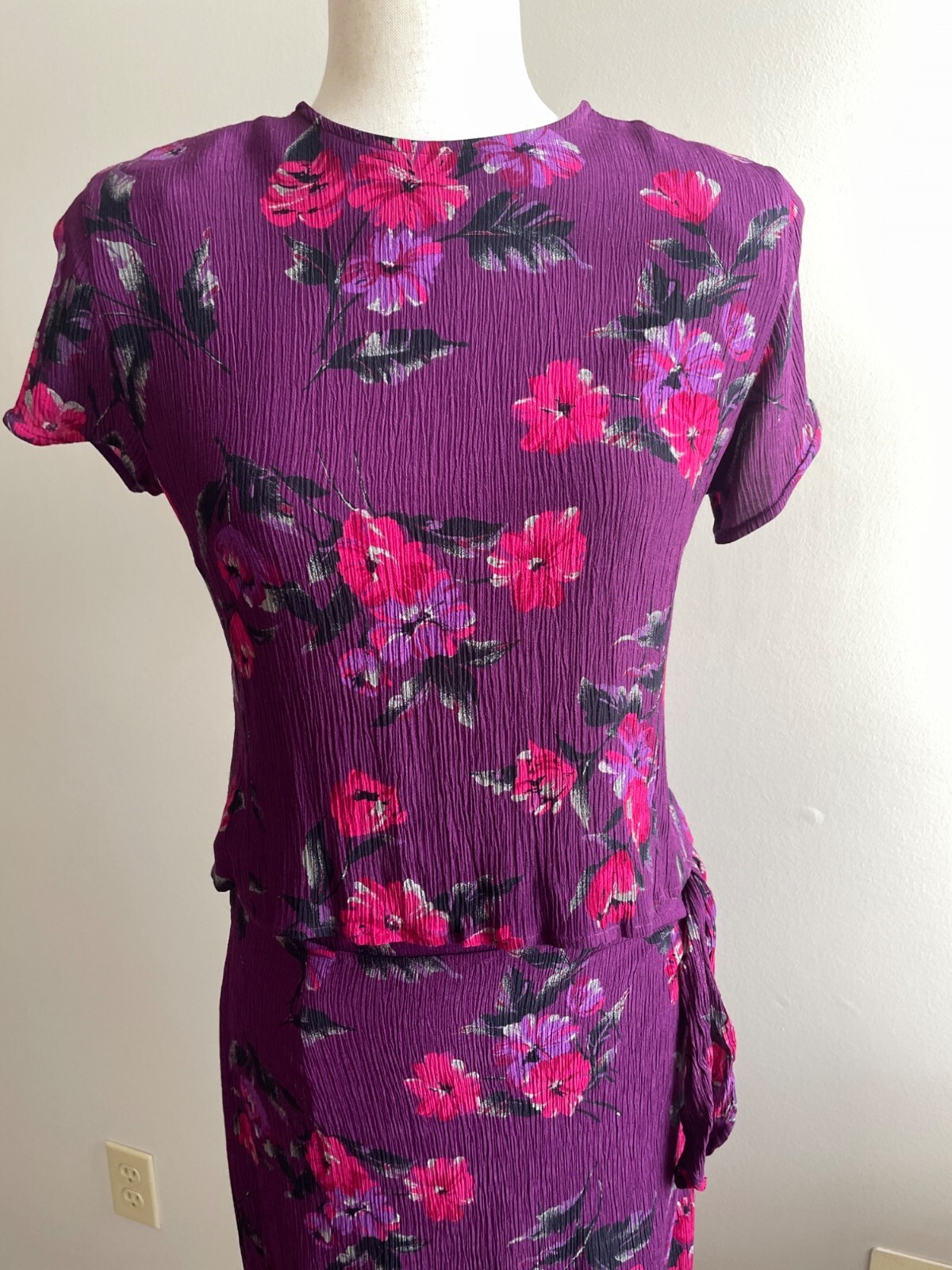 VTG Jones Wear Wrap Skirt Set Womens 8/12 Purple Floral Gauze 100% Rayon 90s