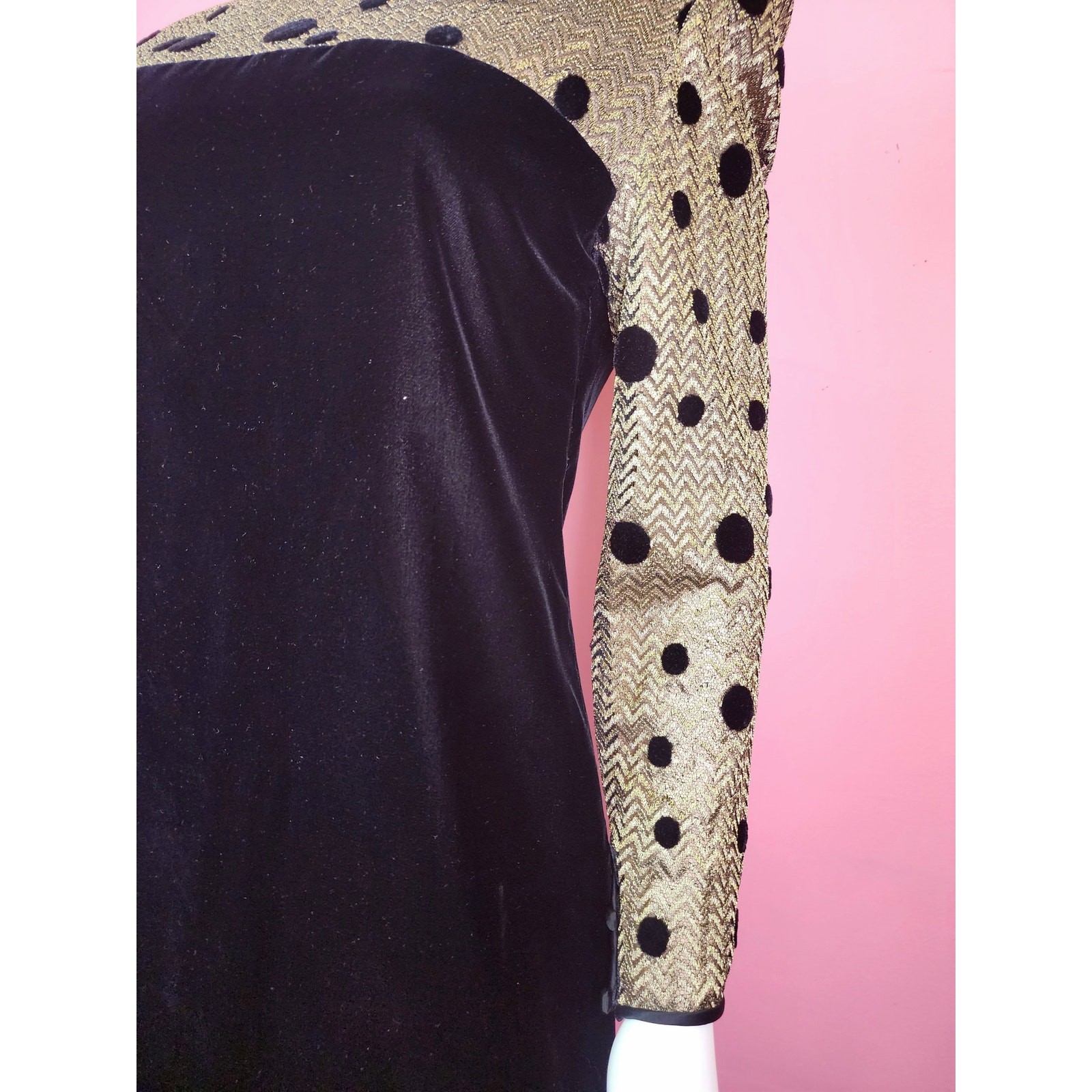 Vintage 1980’s Black Velvet Metallic Gold Polka Dot Long Sleeve Cocktail Dress