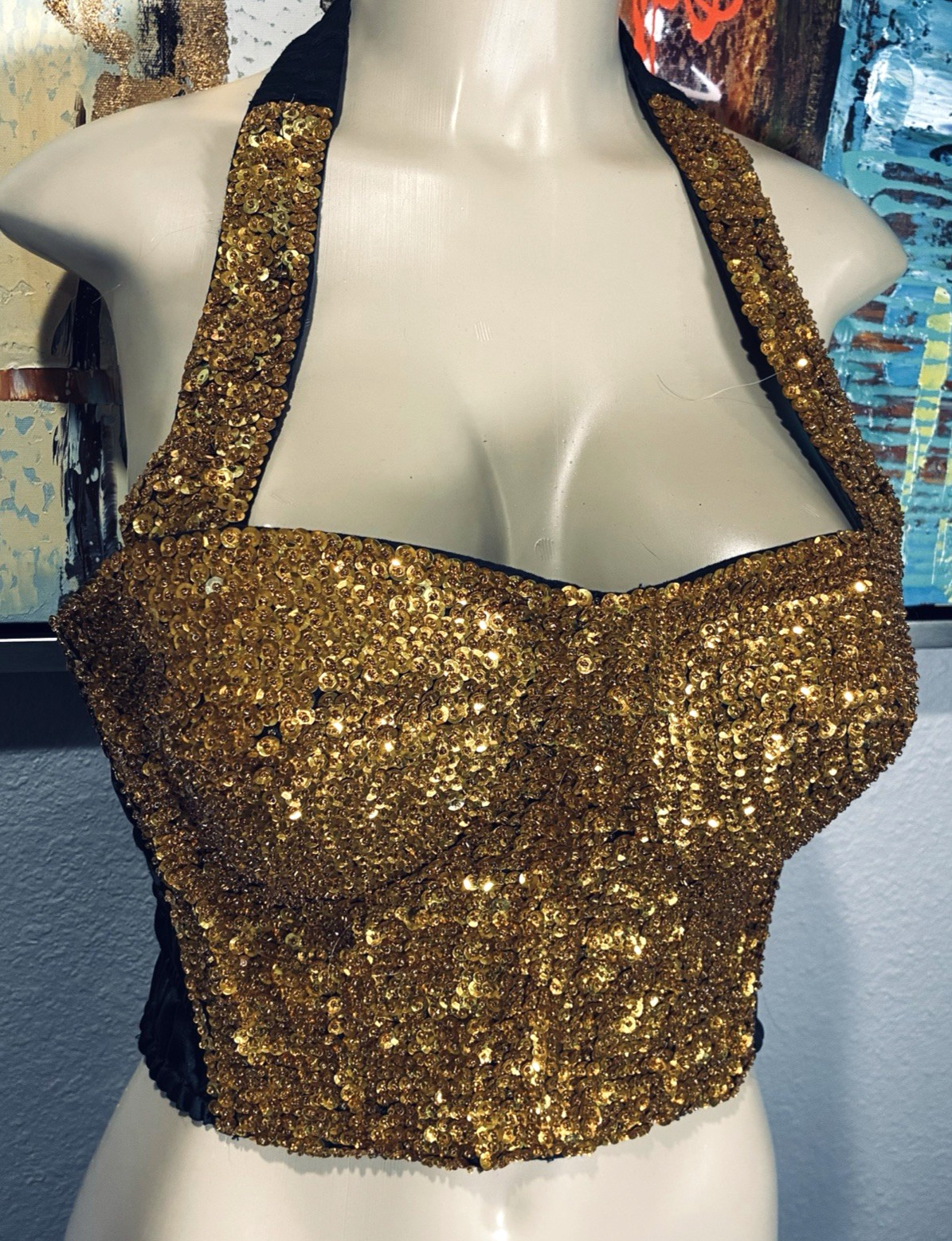 Vtg Gold Sequin Halter Fashion Corset Rayon Bustier Top L
