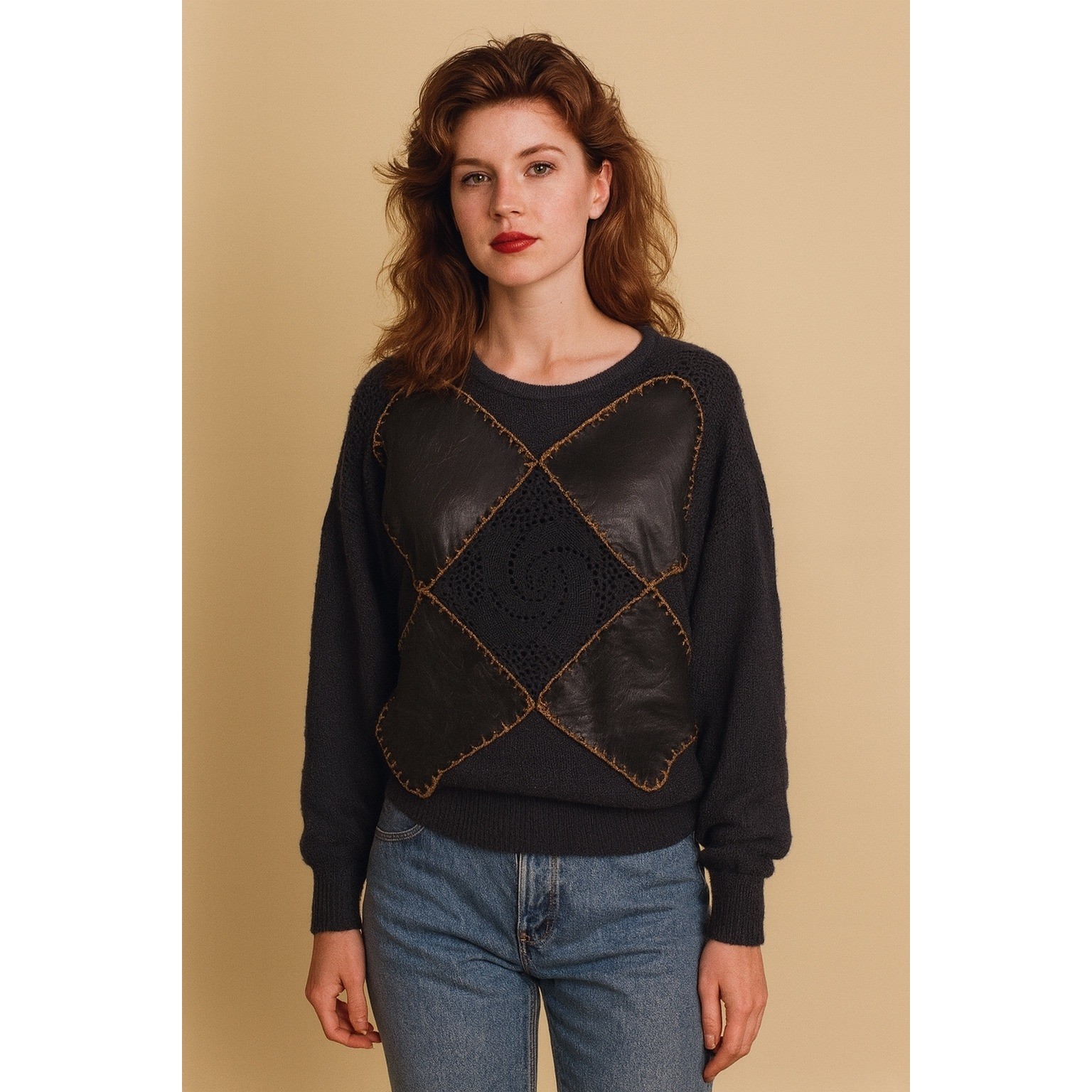 Andriano Black Sweater Patchwork Argyle Faux Leather Women’s Small Vegan Vintage
