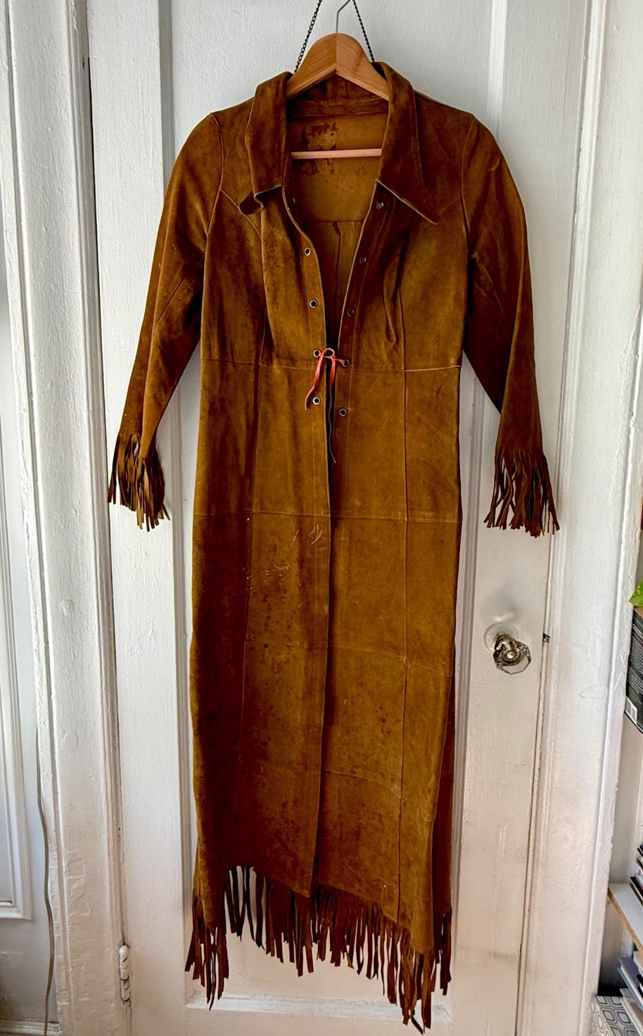 Unique Vintage 70s Suede Patchwork Fringe Lace-up Long Coat Size XS