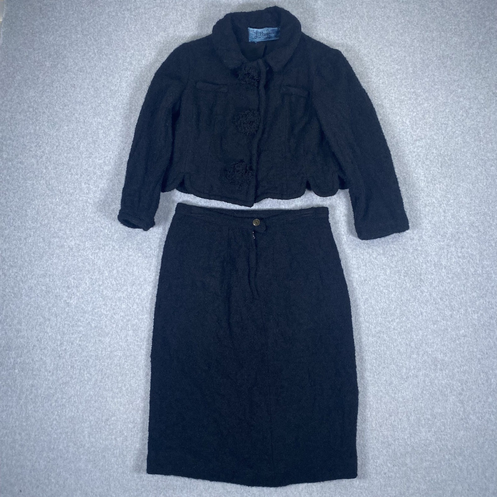 Lilli Ann Paris Bouclé Wool Suit Set 50s/60s Black Jacket Skirt Pom Pom Buttons